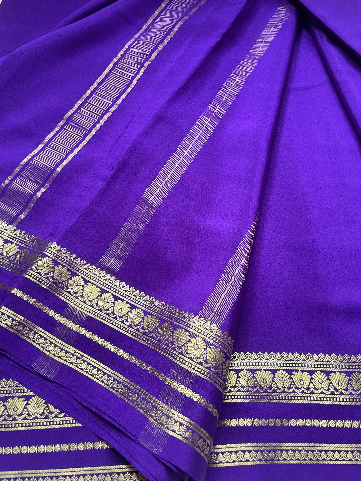Purple Floral Border Pure Mysore Crepe Silk Saree