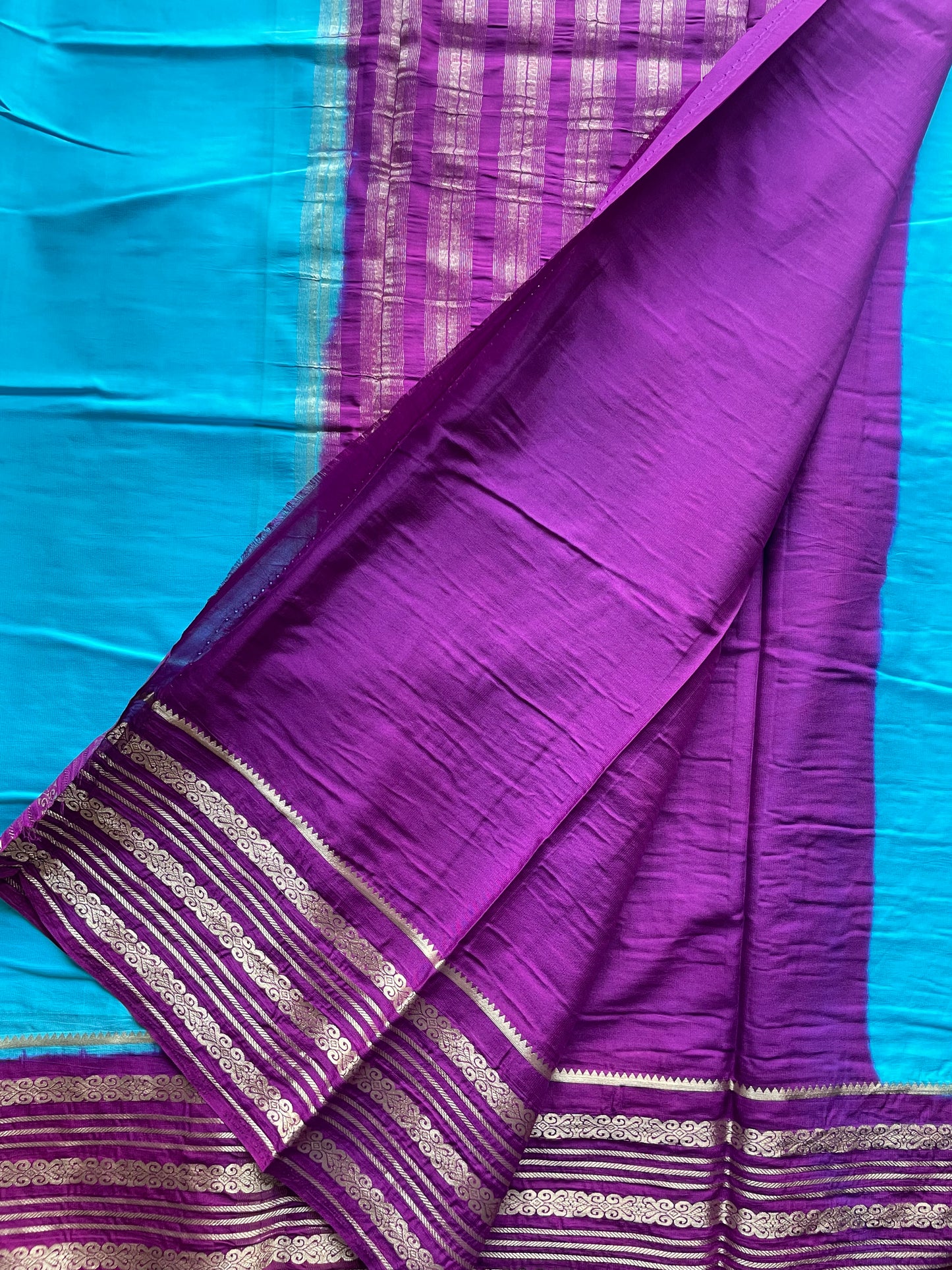 Blue and Wine Semi Mysore Silk Saree