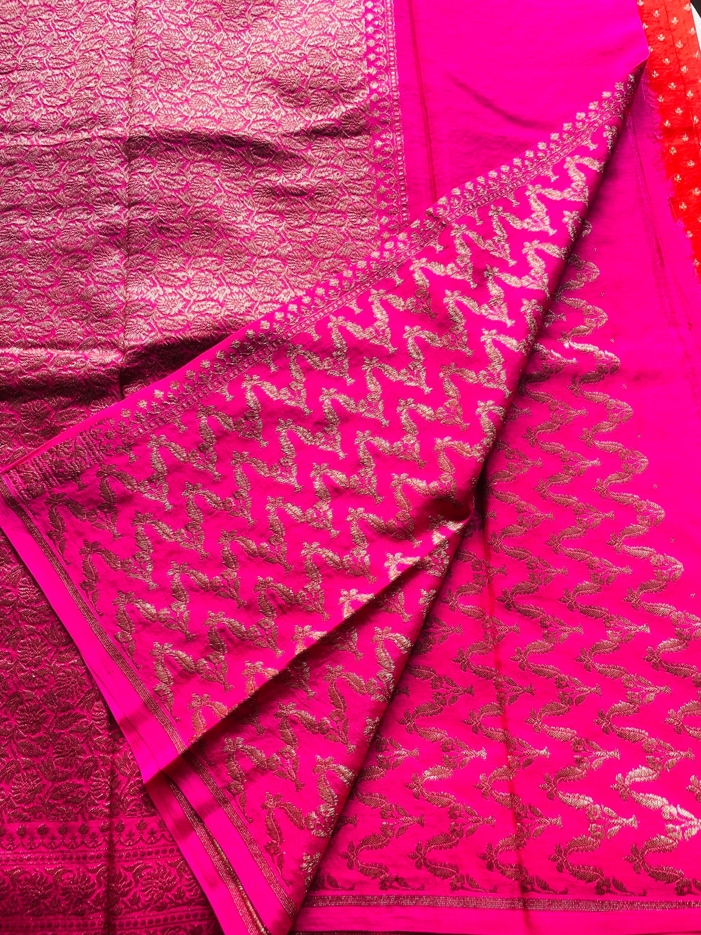 Orange n Pink Banarasi Pure Crepe Georgette Saree