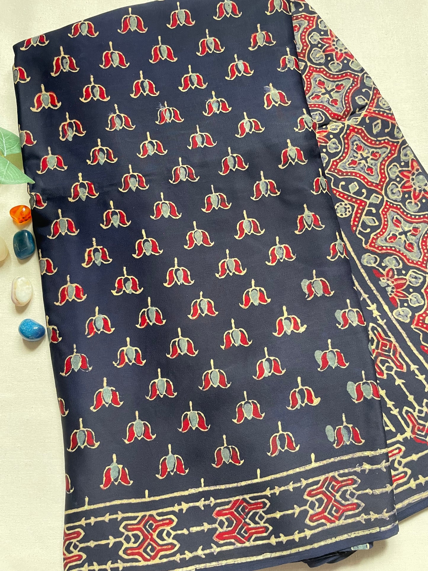 Navy Ajrakh Lotus Modal Silk Saree