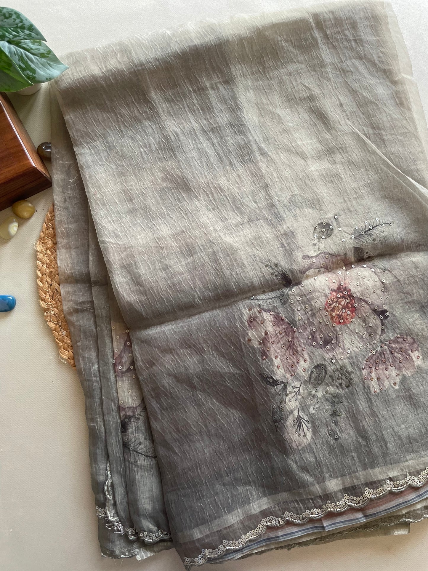 Grey Scallop Embroidered Crushed Tissue Saree