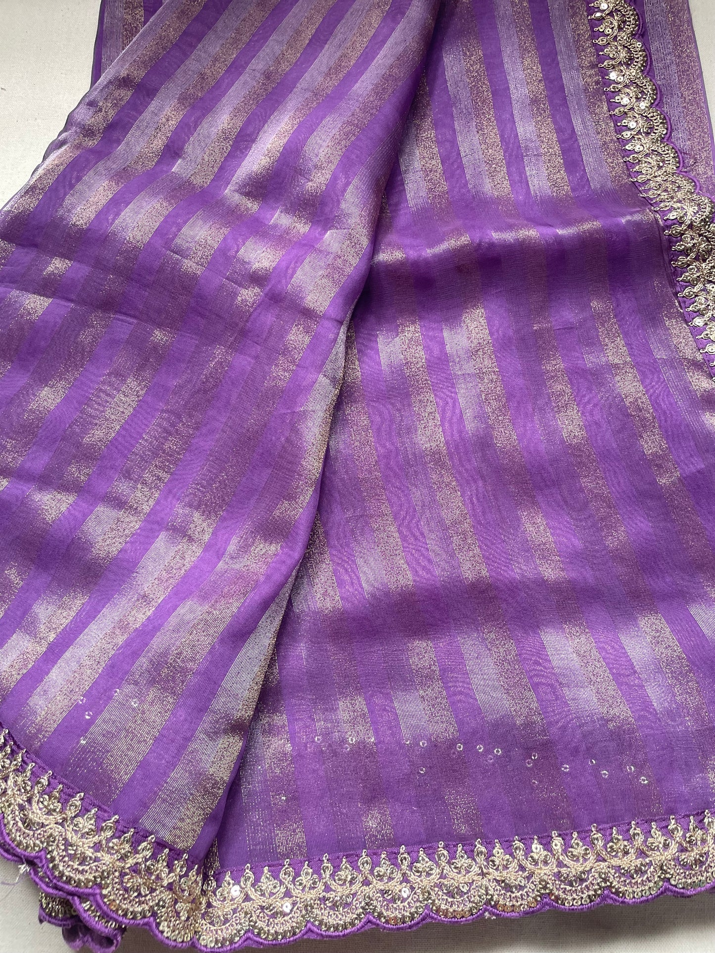 Lavender Stripe Lace border Tissue Saree