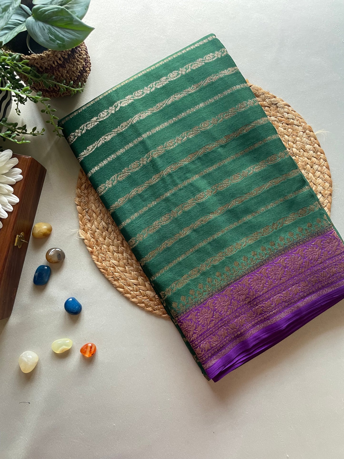 Green n Purple Stripes Banarasi Pure Crepe Georgette Saree