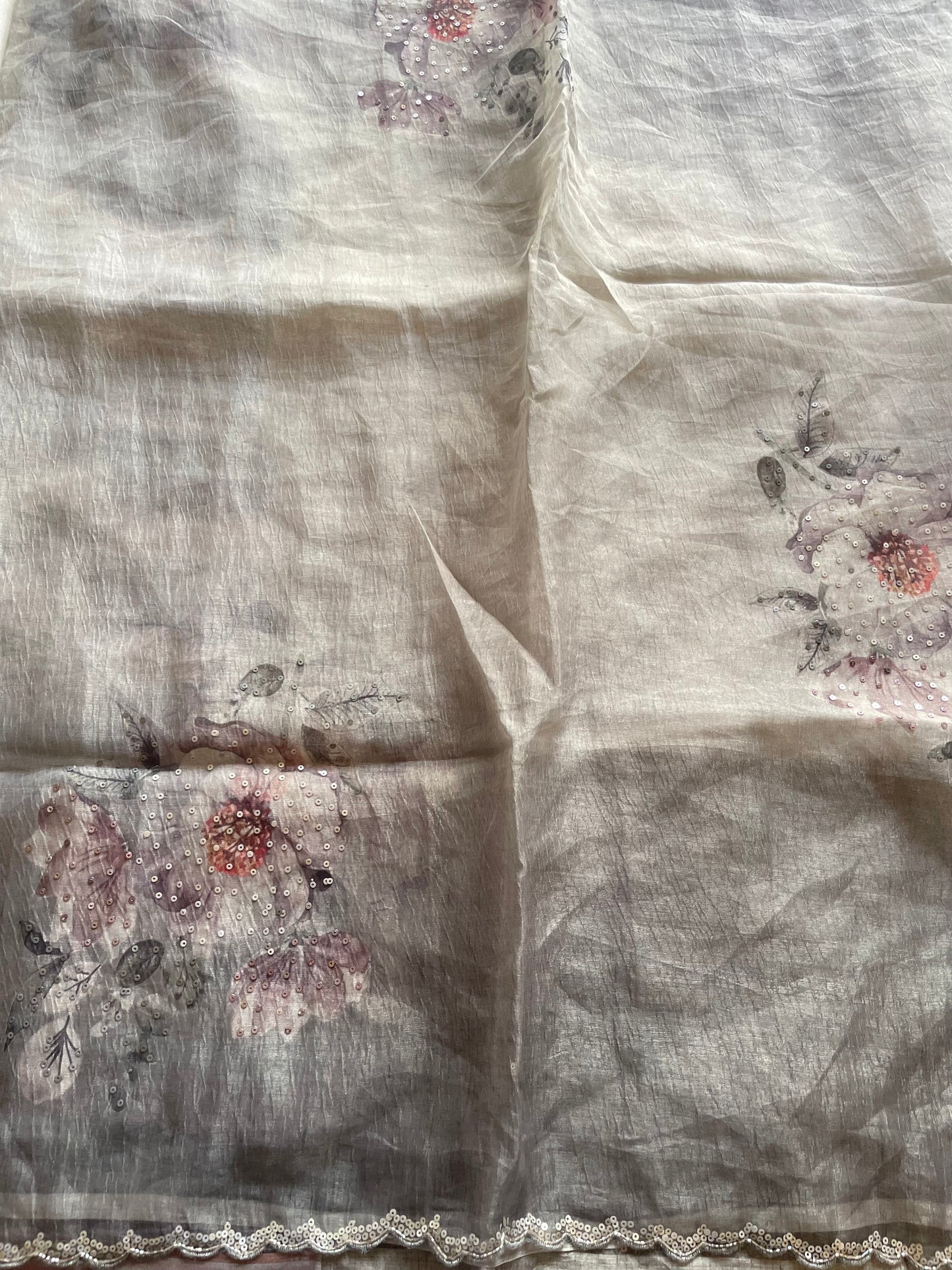 Grey Scallop Embroidered Crushed Tissue Saree