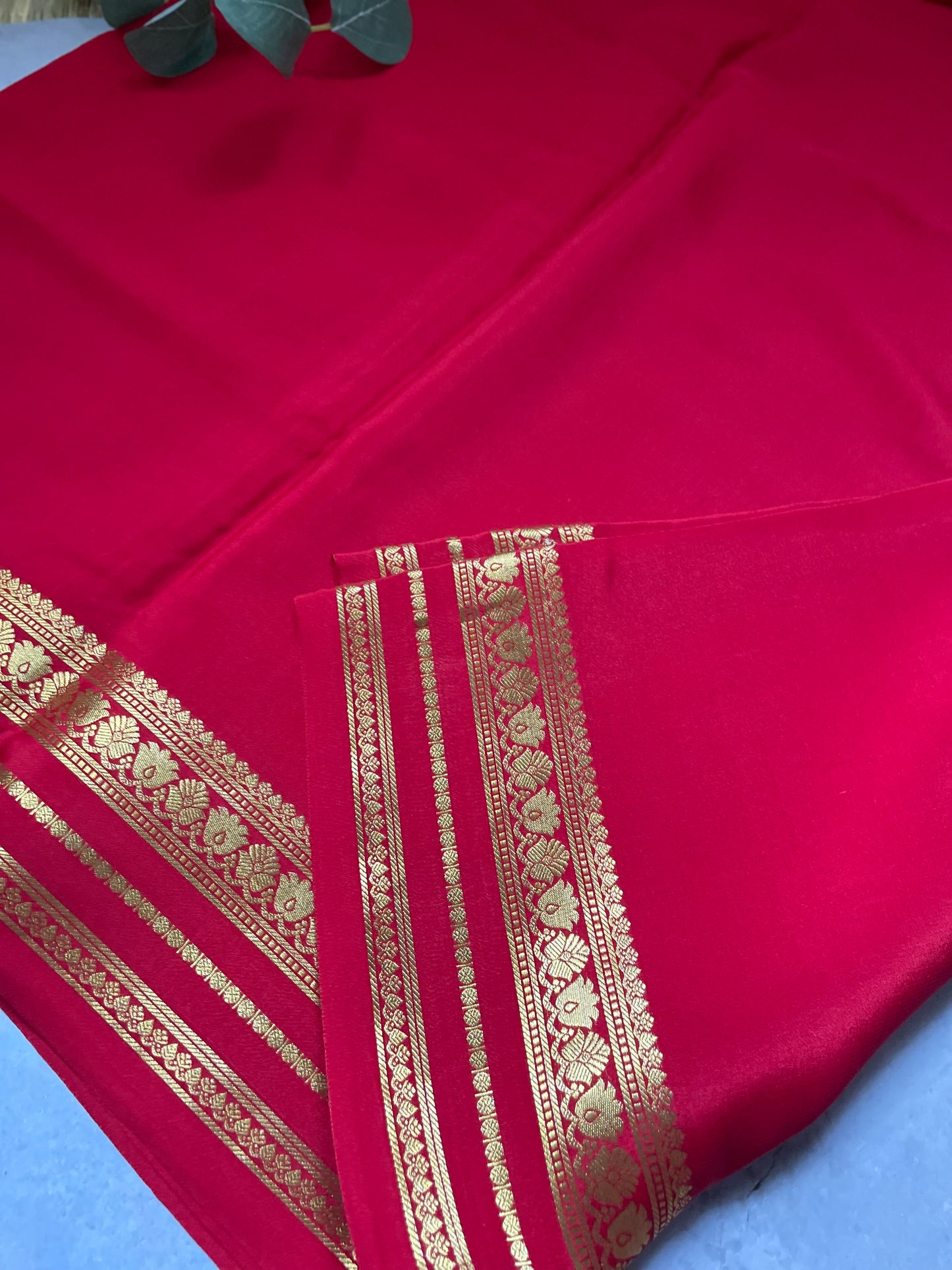 Red Floral Border Pure Mysore Crepe Silk Saree