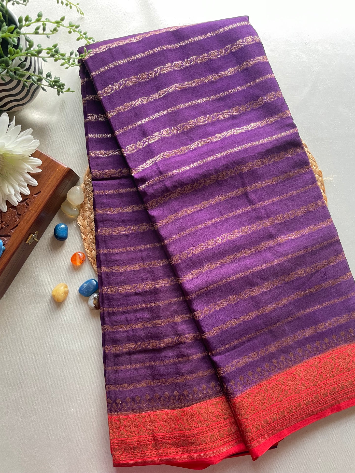 Purple n Red Stripes Banarasi Pure Crepe Georgette Saree