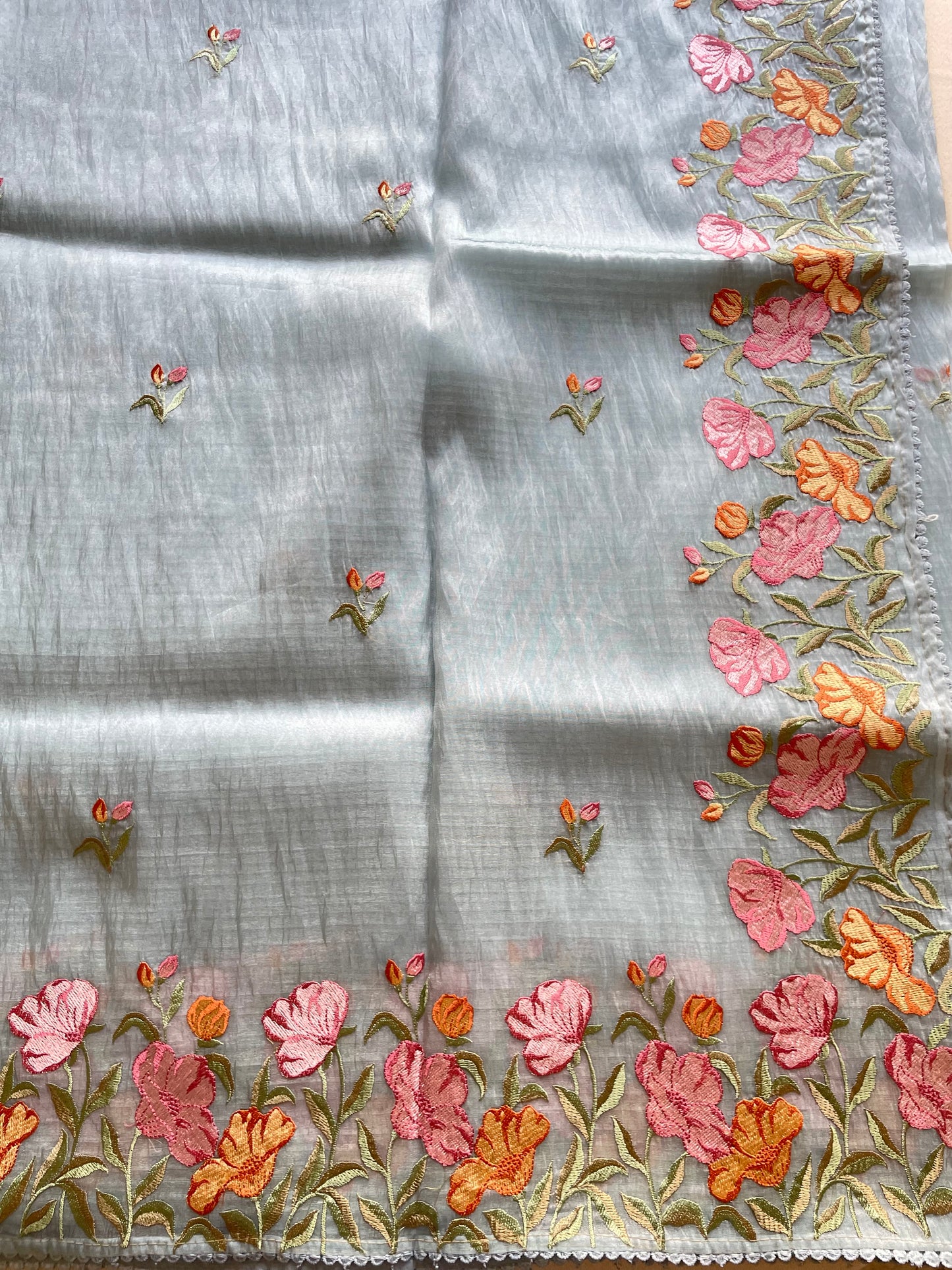 Blue Embroidered Soft Organza Saree