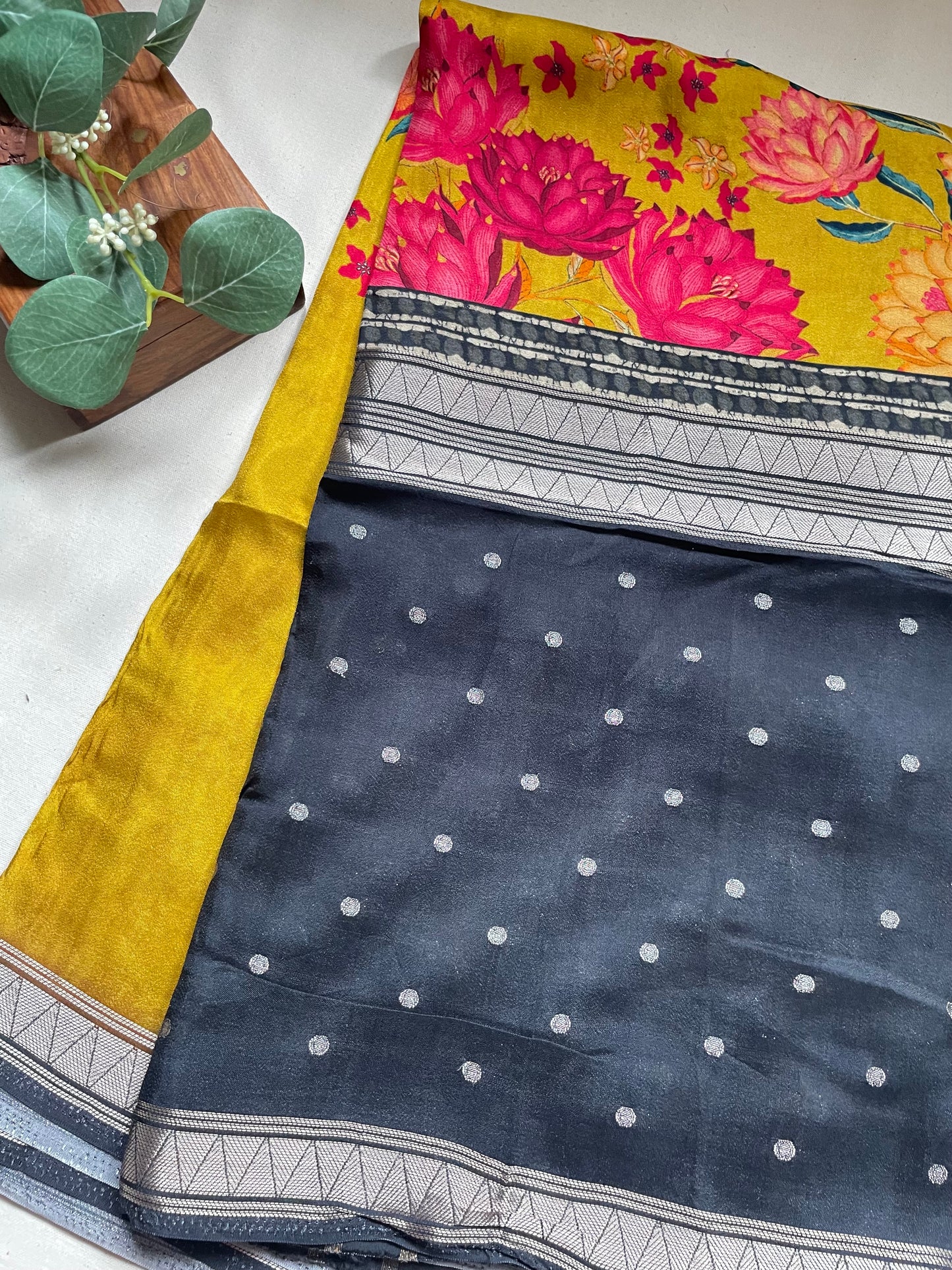 Yellow Printed Viscose Crepe Saree