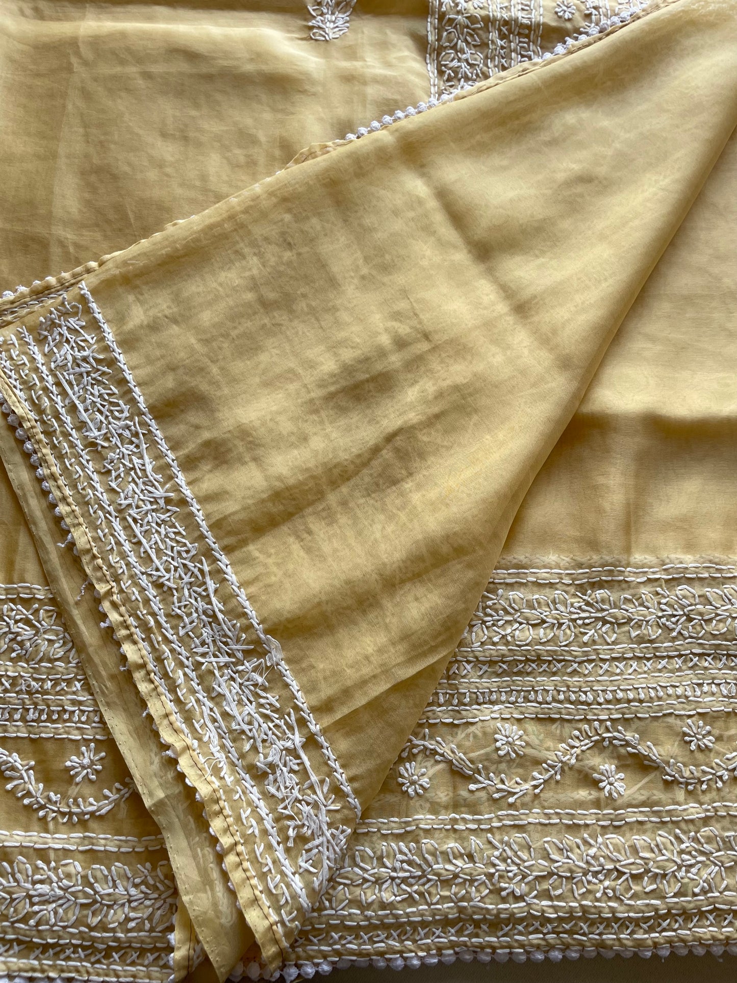 Beige Chikankari Embroidered Organza Saree