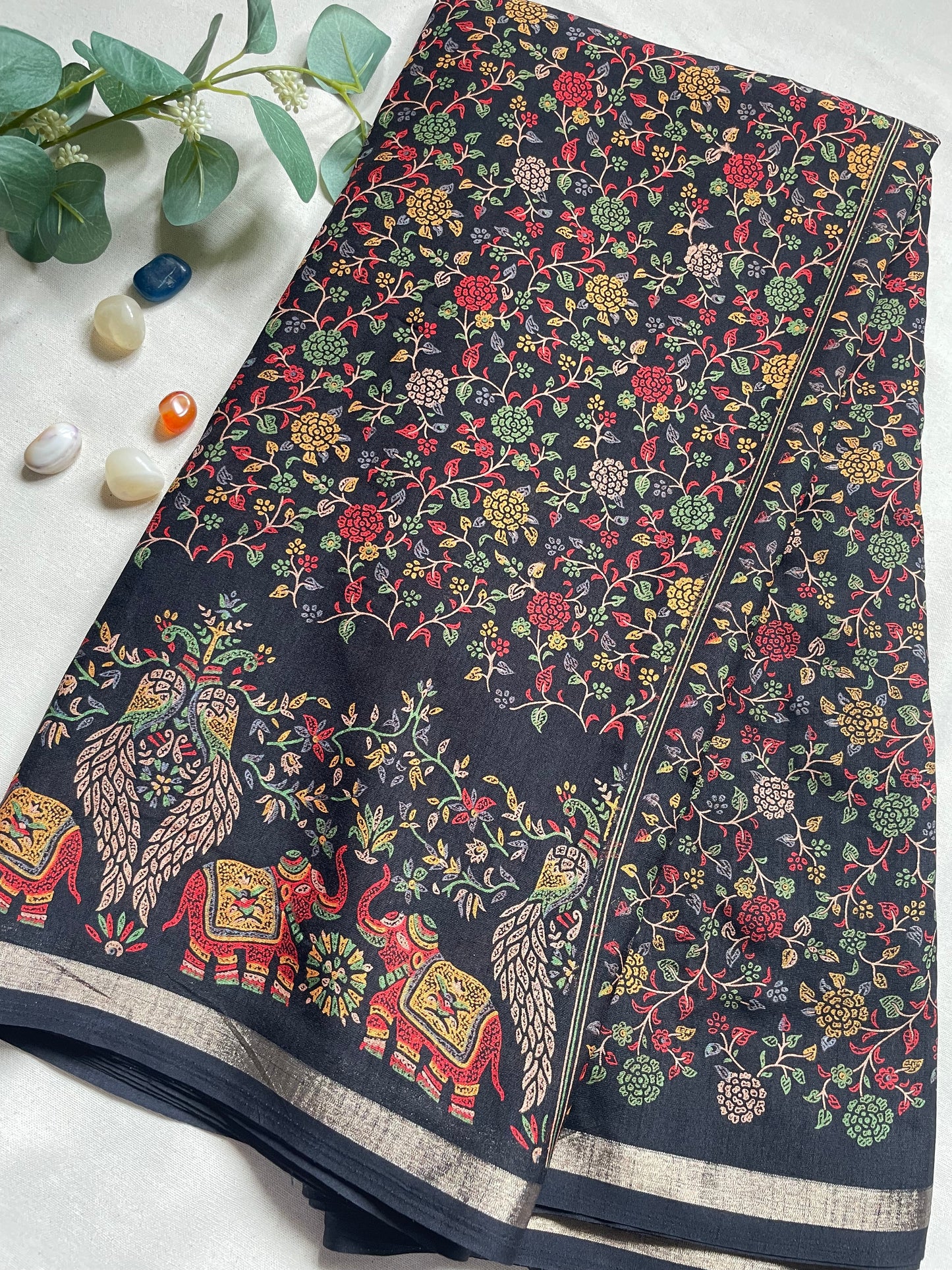 Black Floral Pashmina Silk saree