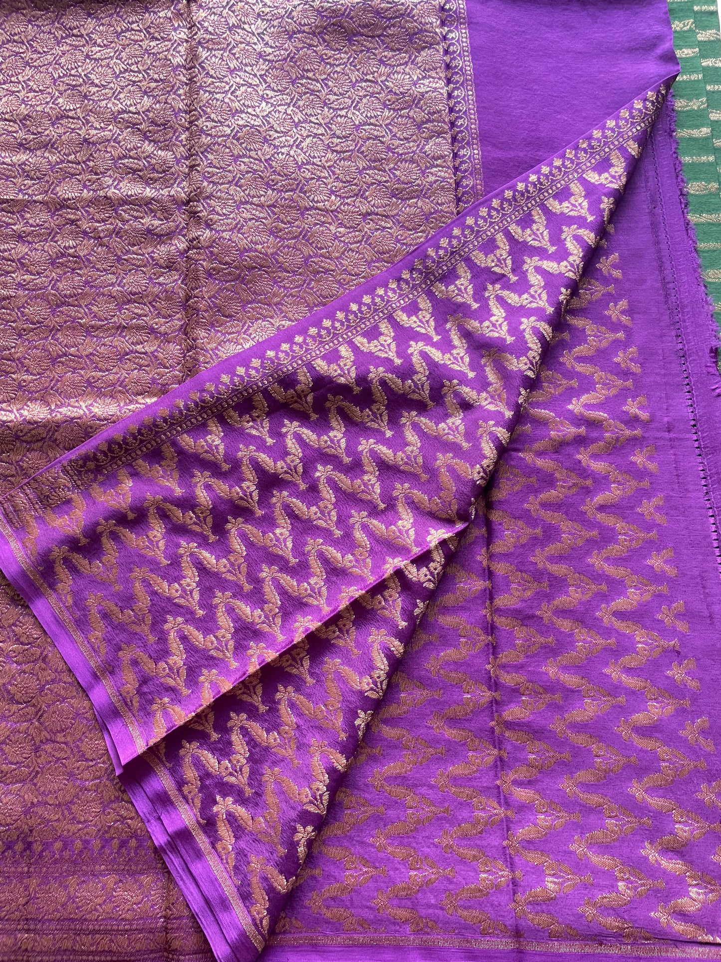 Green n Purple Stripes Banarasi Pure Crepe Georgette Saree