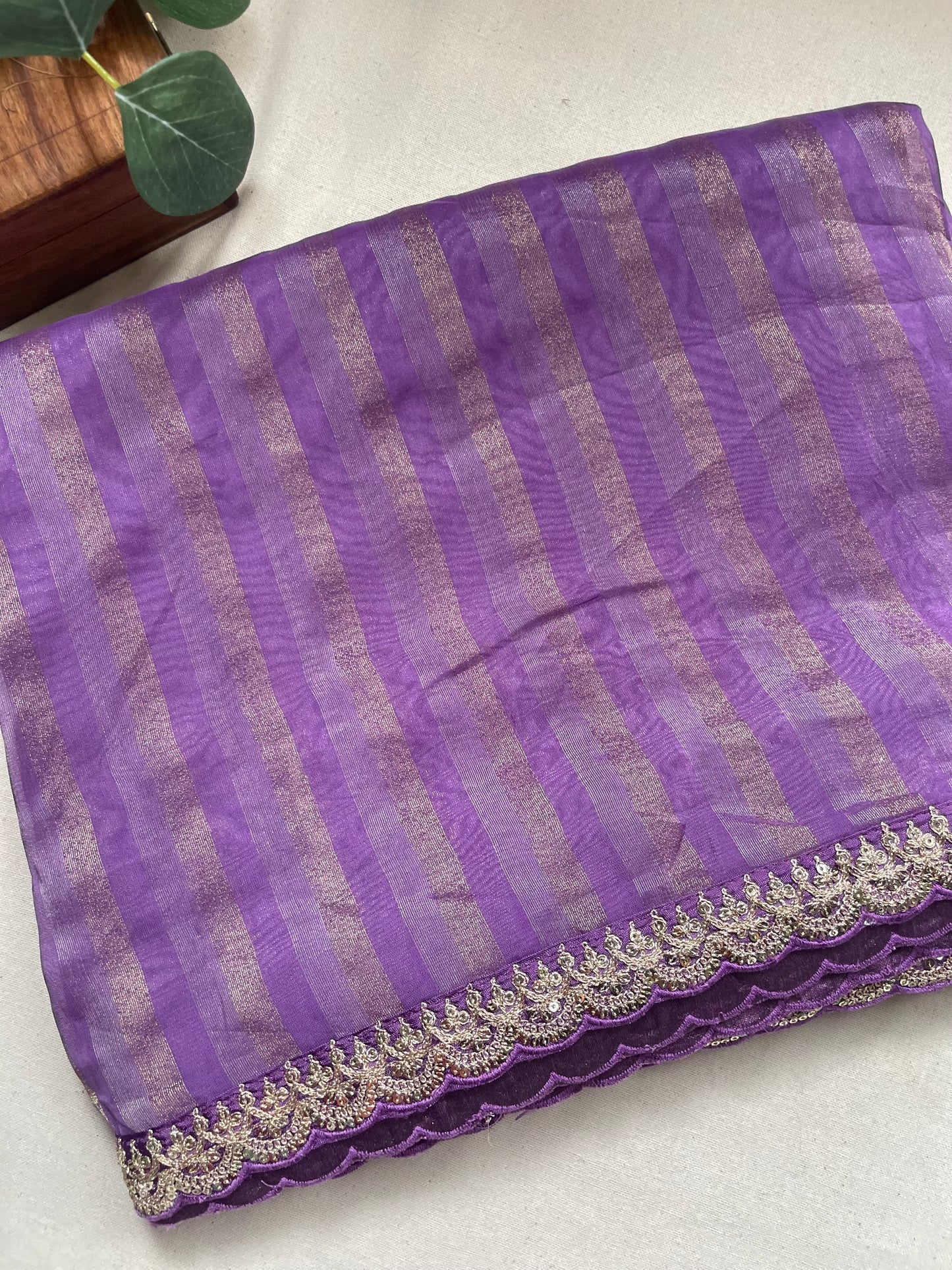 Lavender Stripe Lace border Tissue Saree