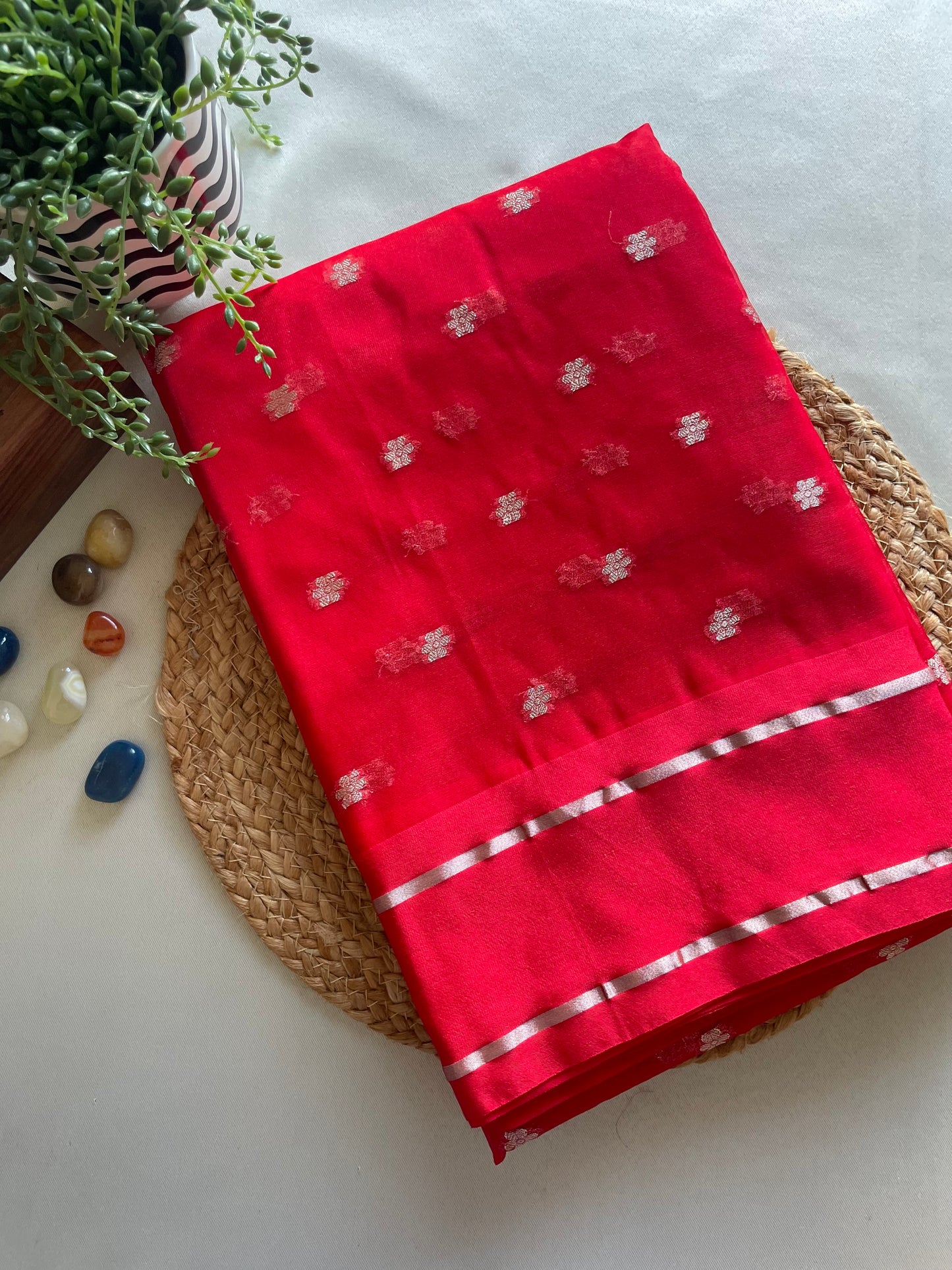 Red Satin Border Semi Organza Saree