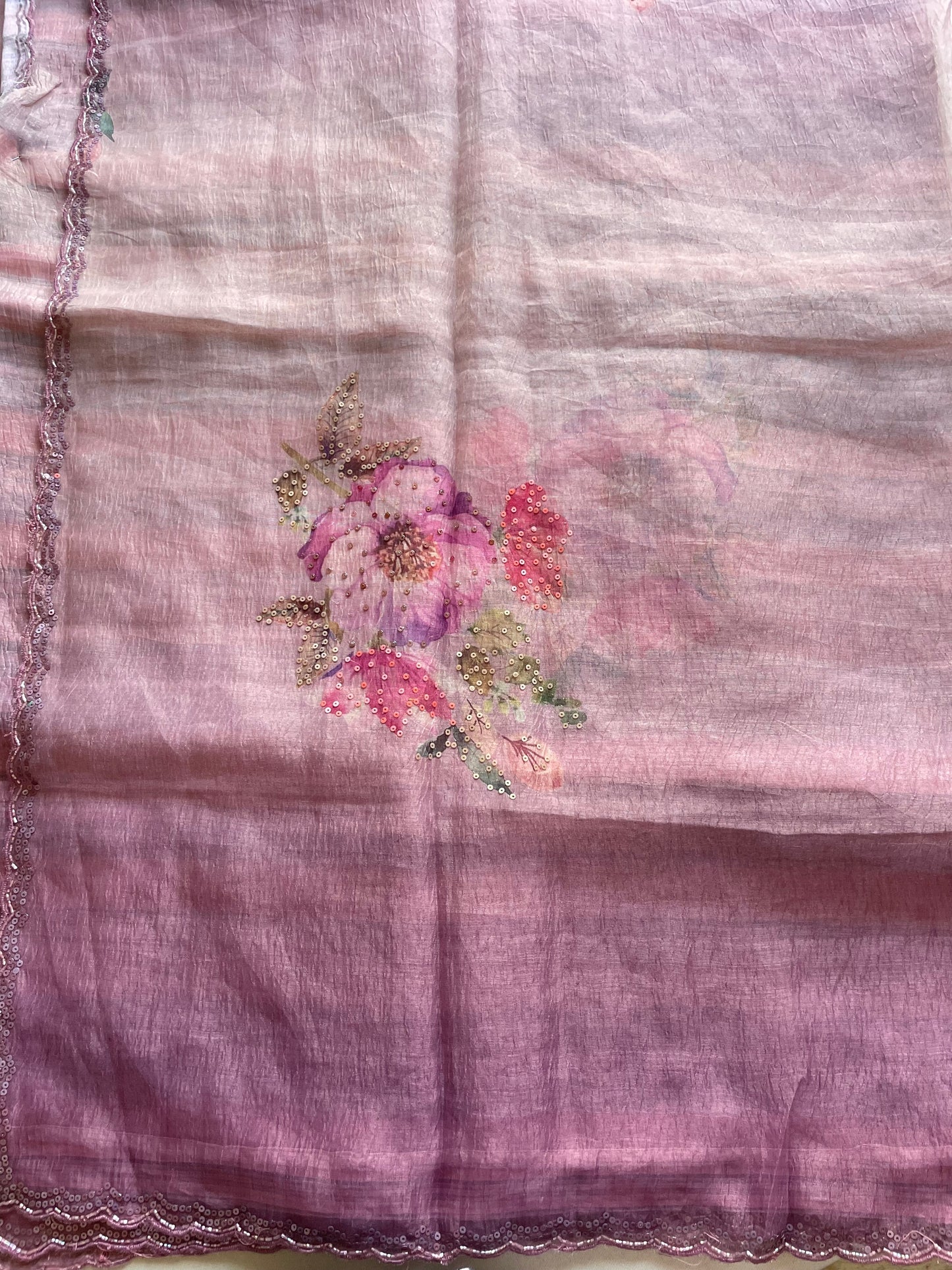 Purple Scallop Embroidered Crushed Tissue Saree