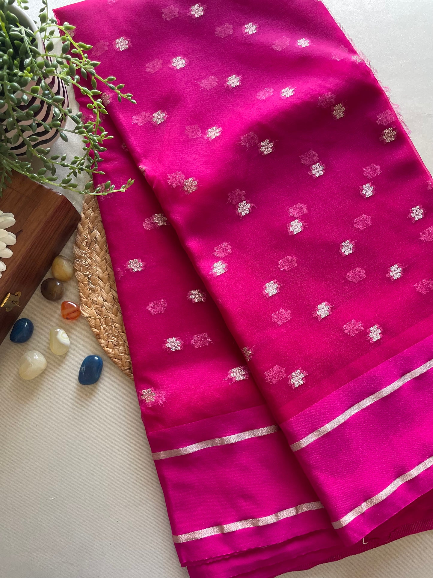 Pink Satin Border Semi Organza Saree