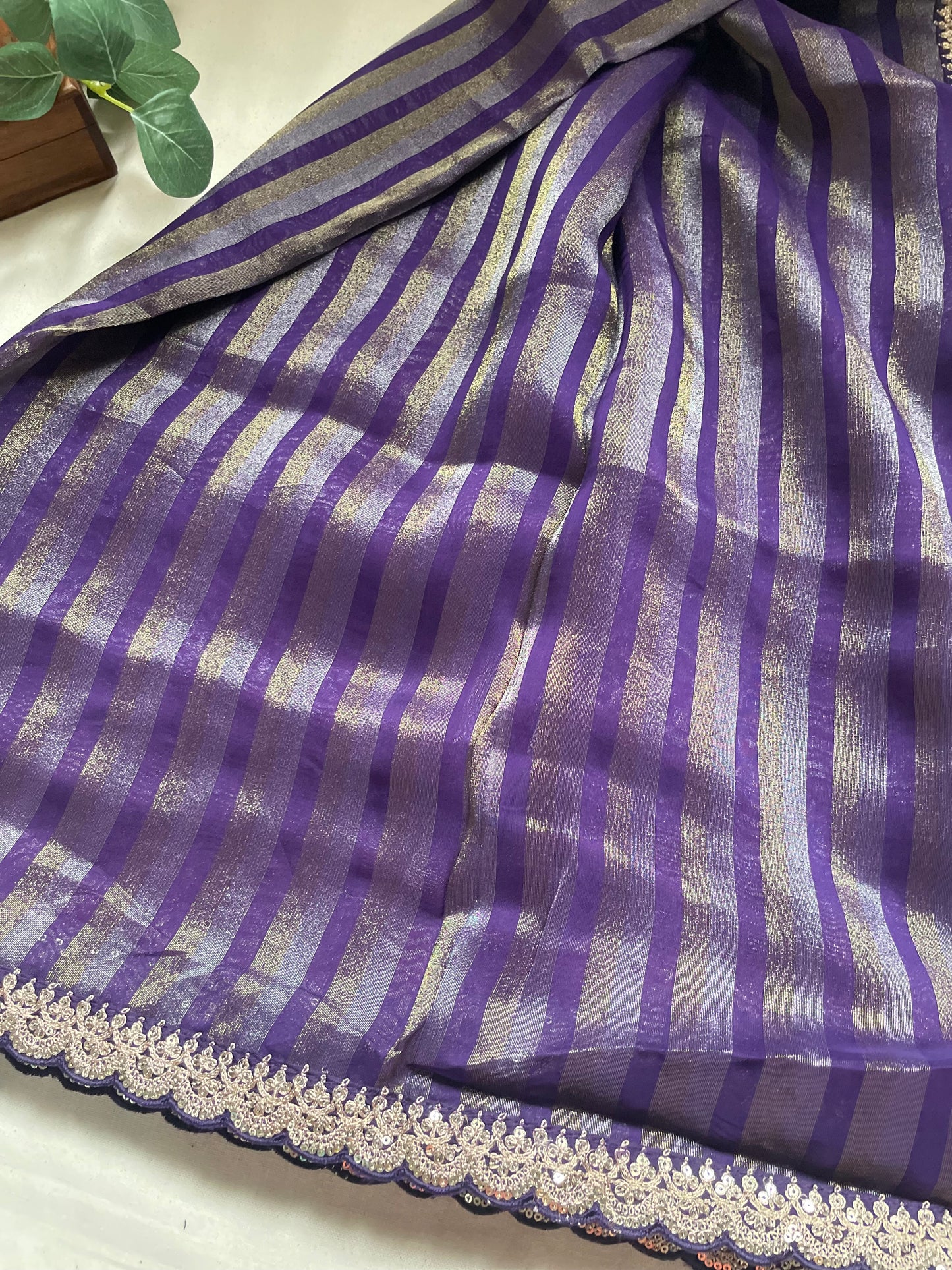 Purple Stripe Lace border Tissue Saree