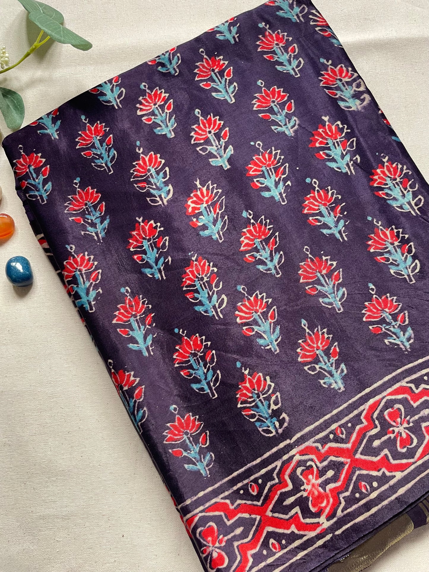 Navy Ajrakh Floral Zari Pallu Modal Silk Saree