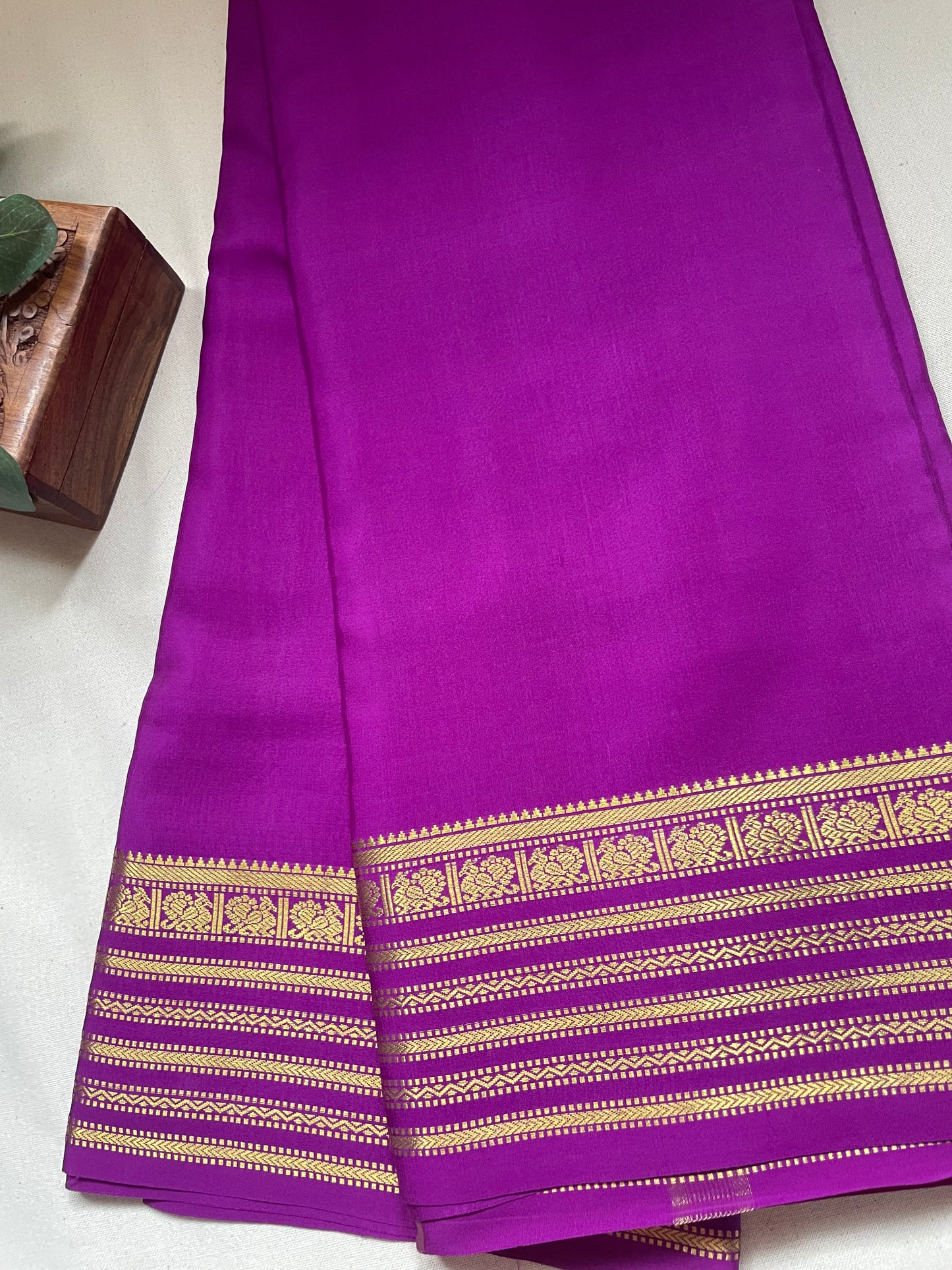 Purple Peacock Border Pure Mysore Crepe Silk Saree