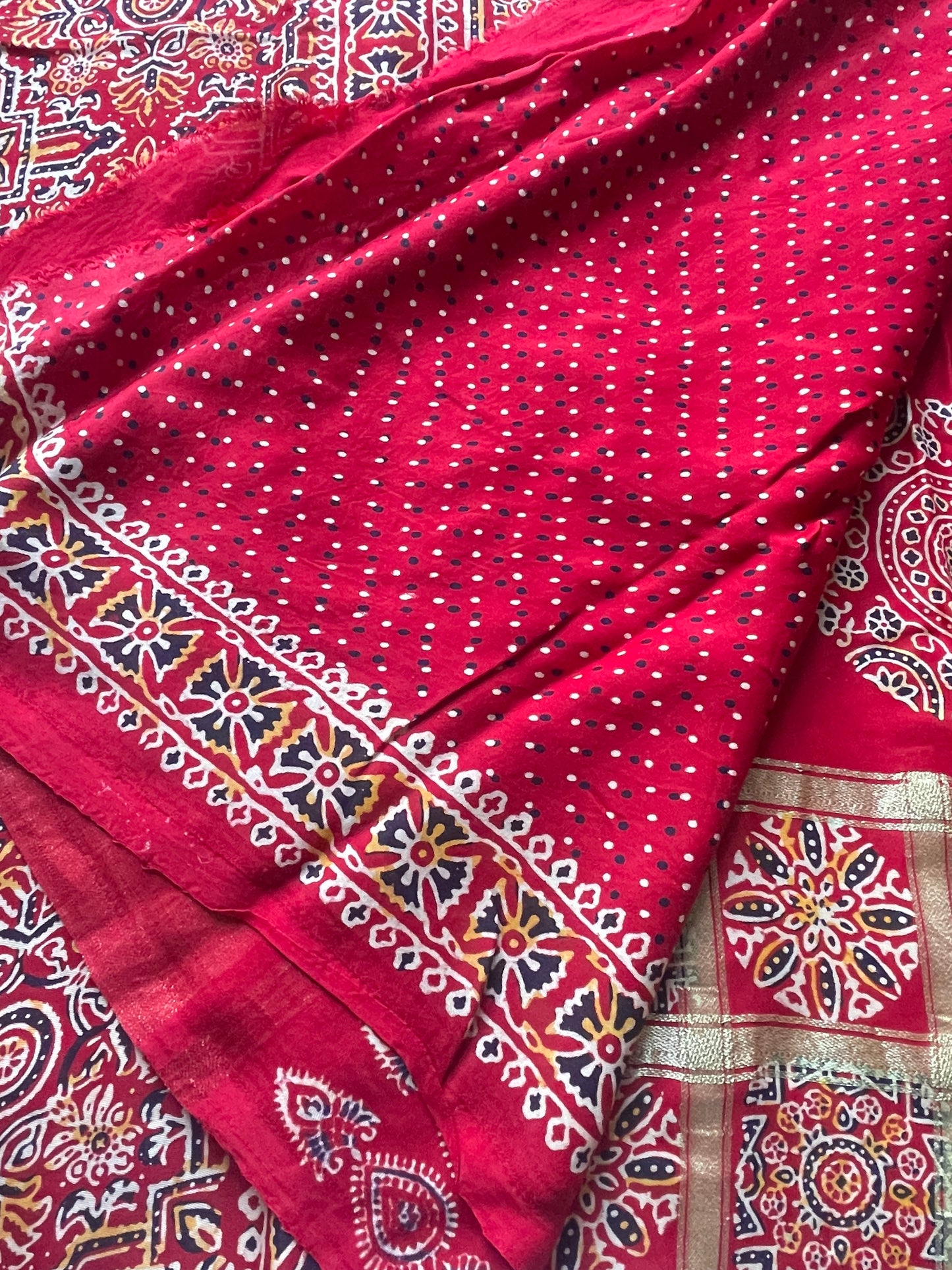 Red Ajrakh Gharchola Modal Silk Saree