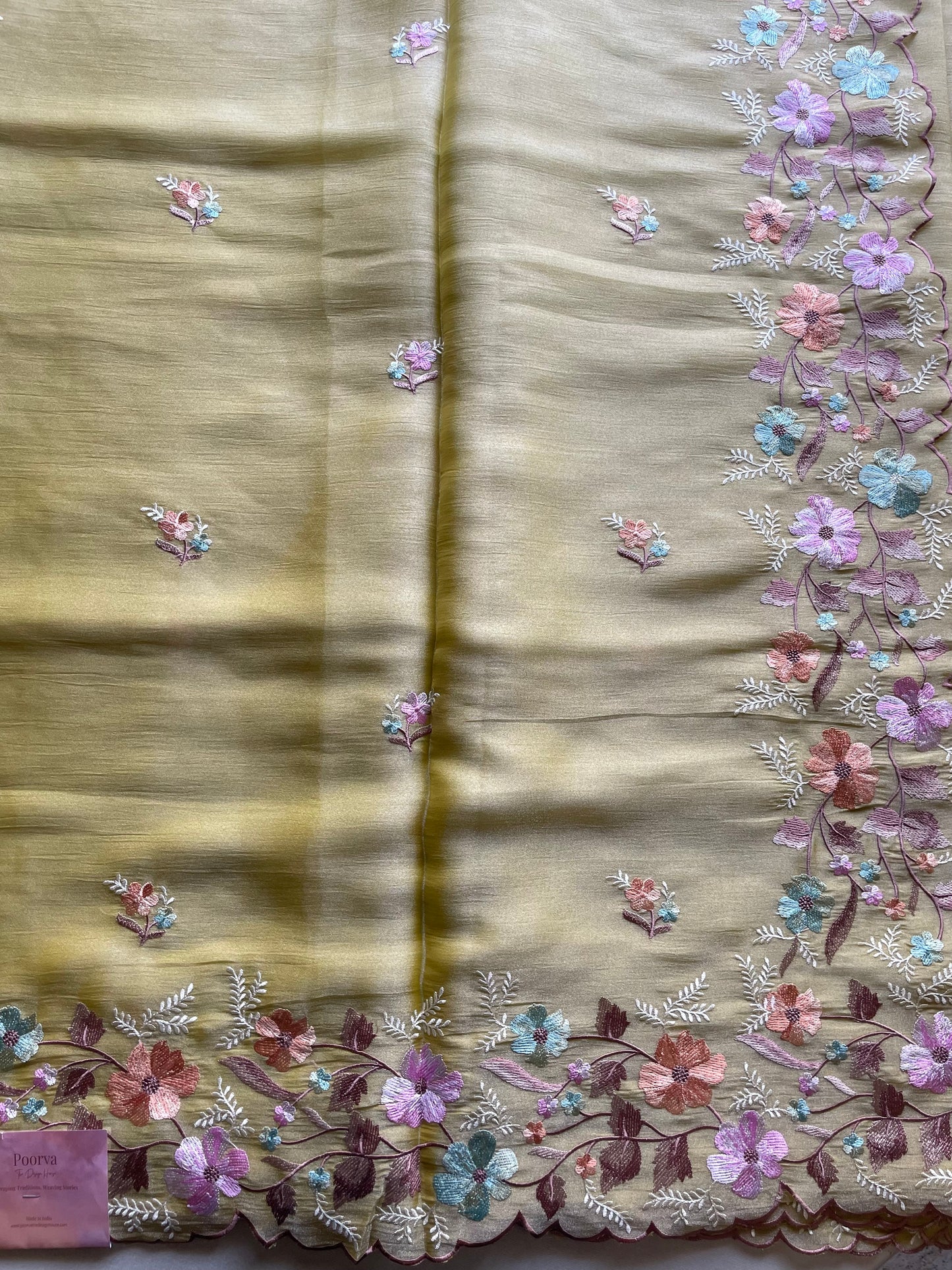 Yellow Floral Embroidered Soft Tissue Saree