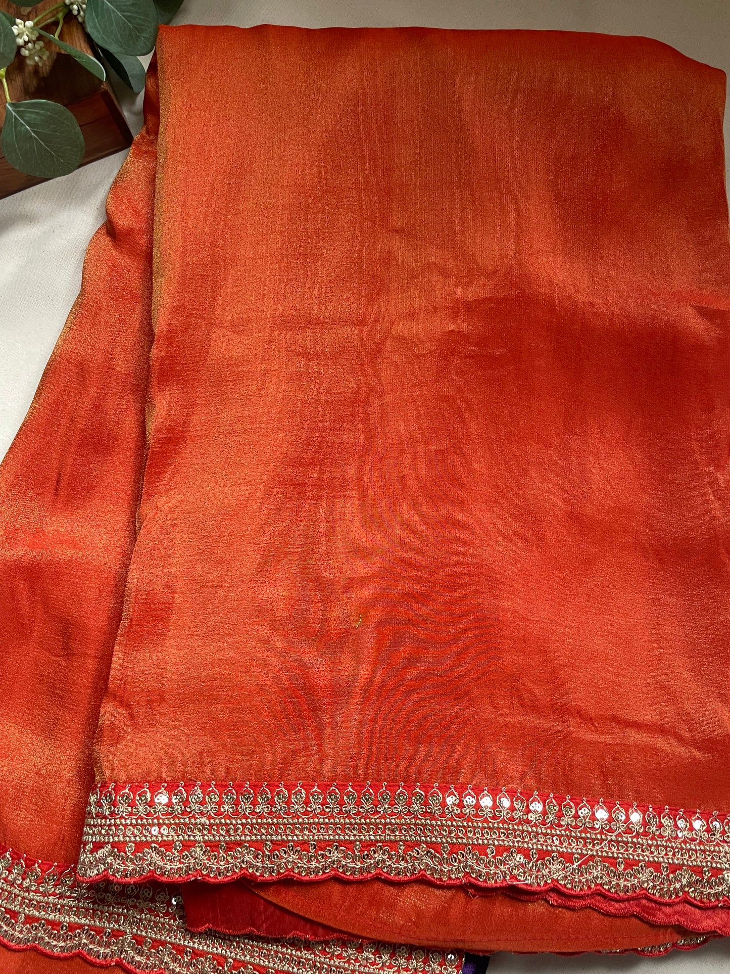 Orange Lace border Tissue Saree