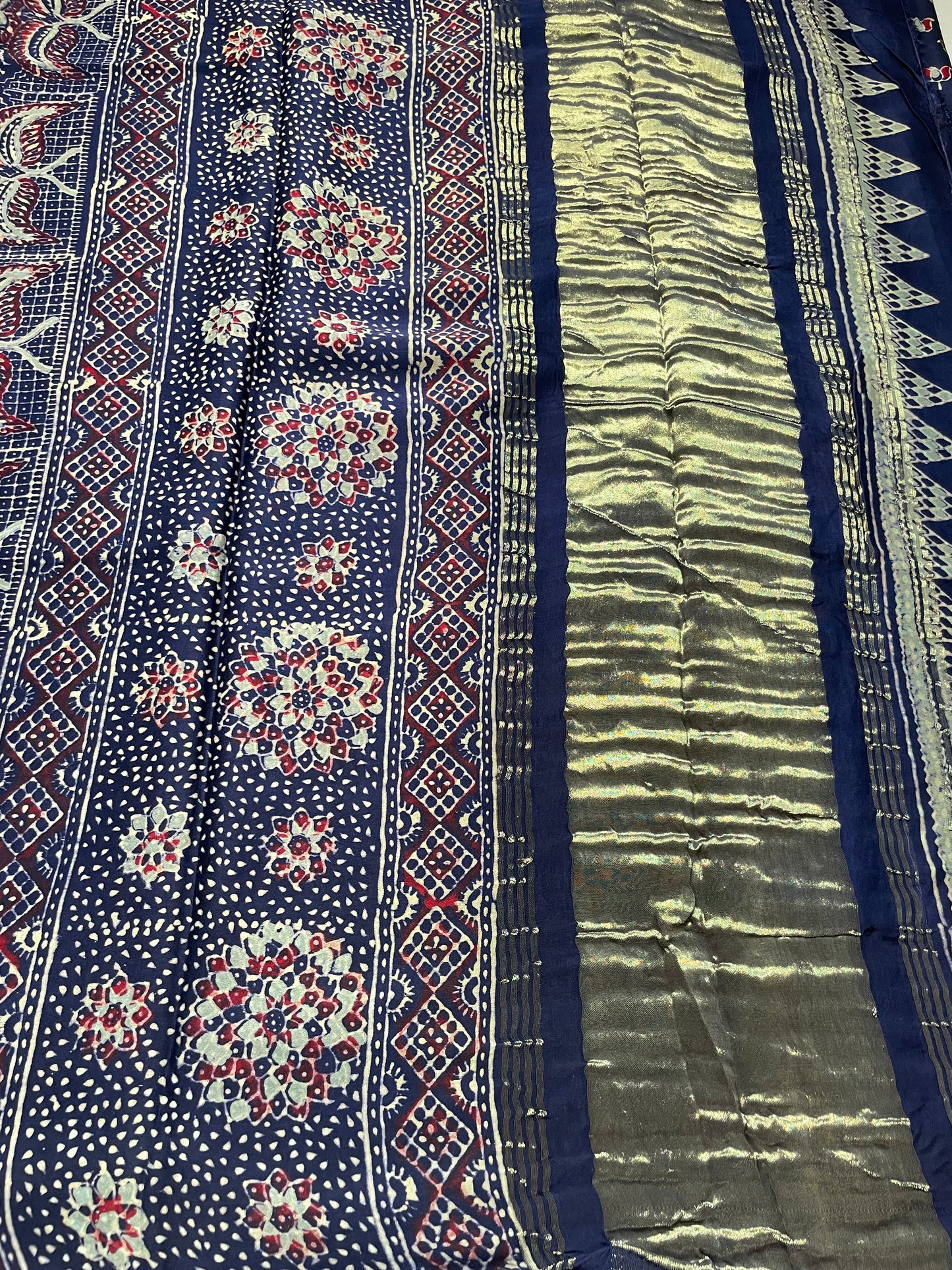 Navy Ajrakh Lotus Zari Pallu Modal Silk Saree