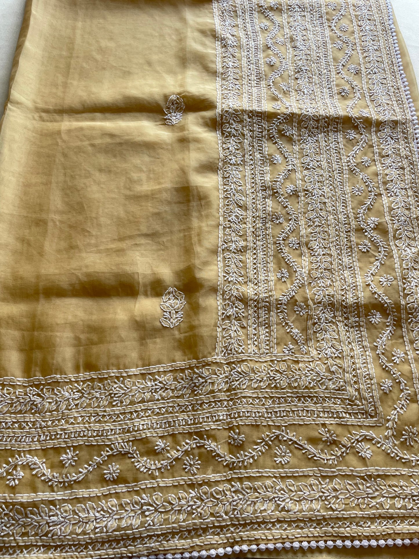 Beige Chikankari Embroidered Organza Saree