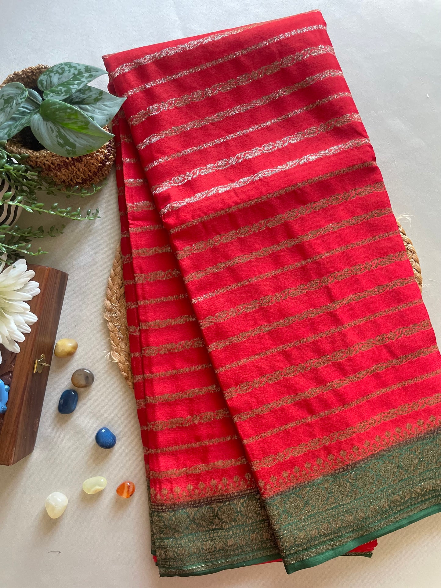 Red n Green Stripes Banarasi Pure Crepe Georgette Saree