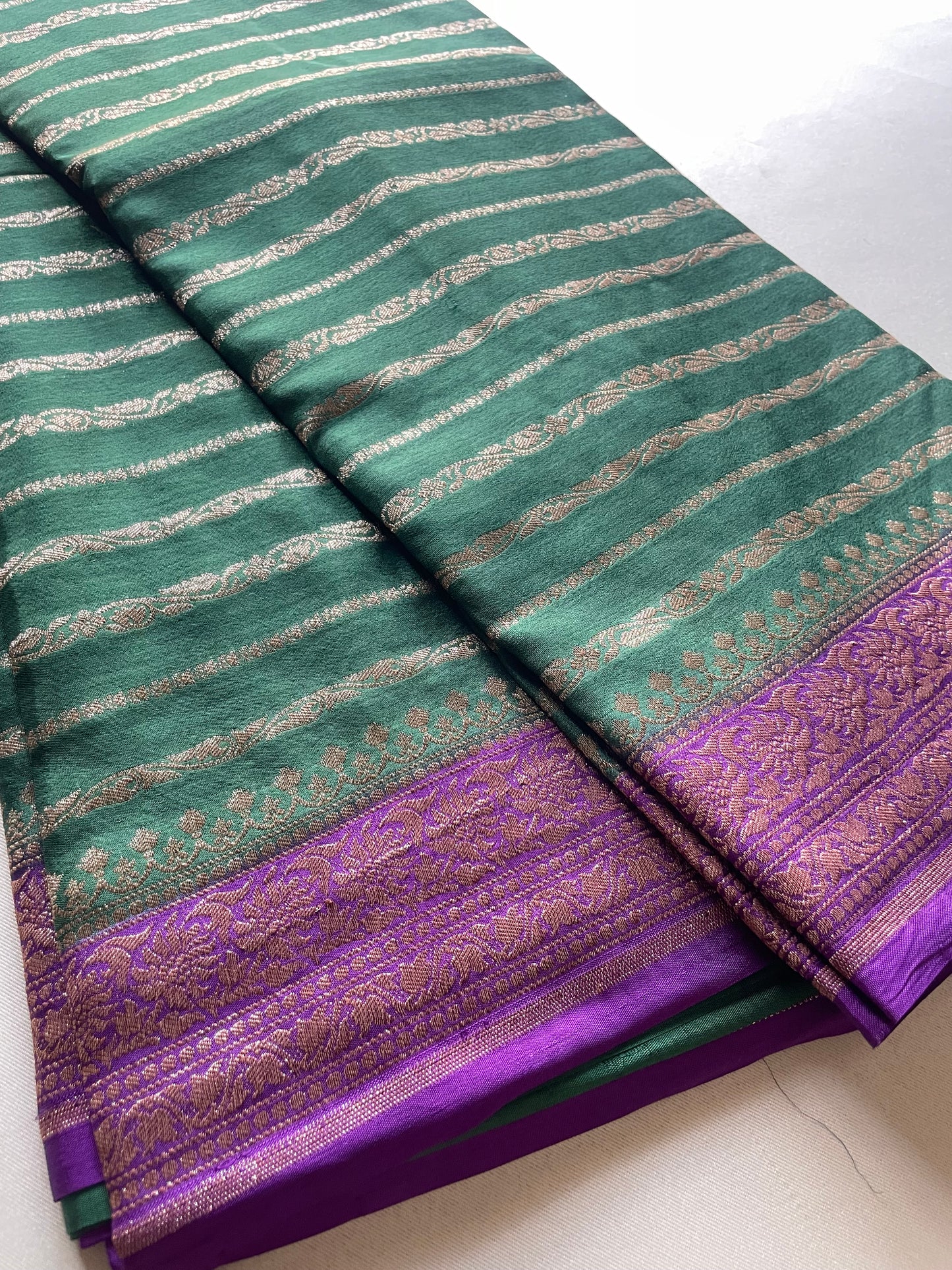 Green n Purple Stripes Banarasi Pure Crepe Georgette Saree