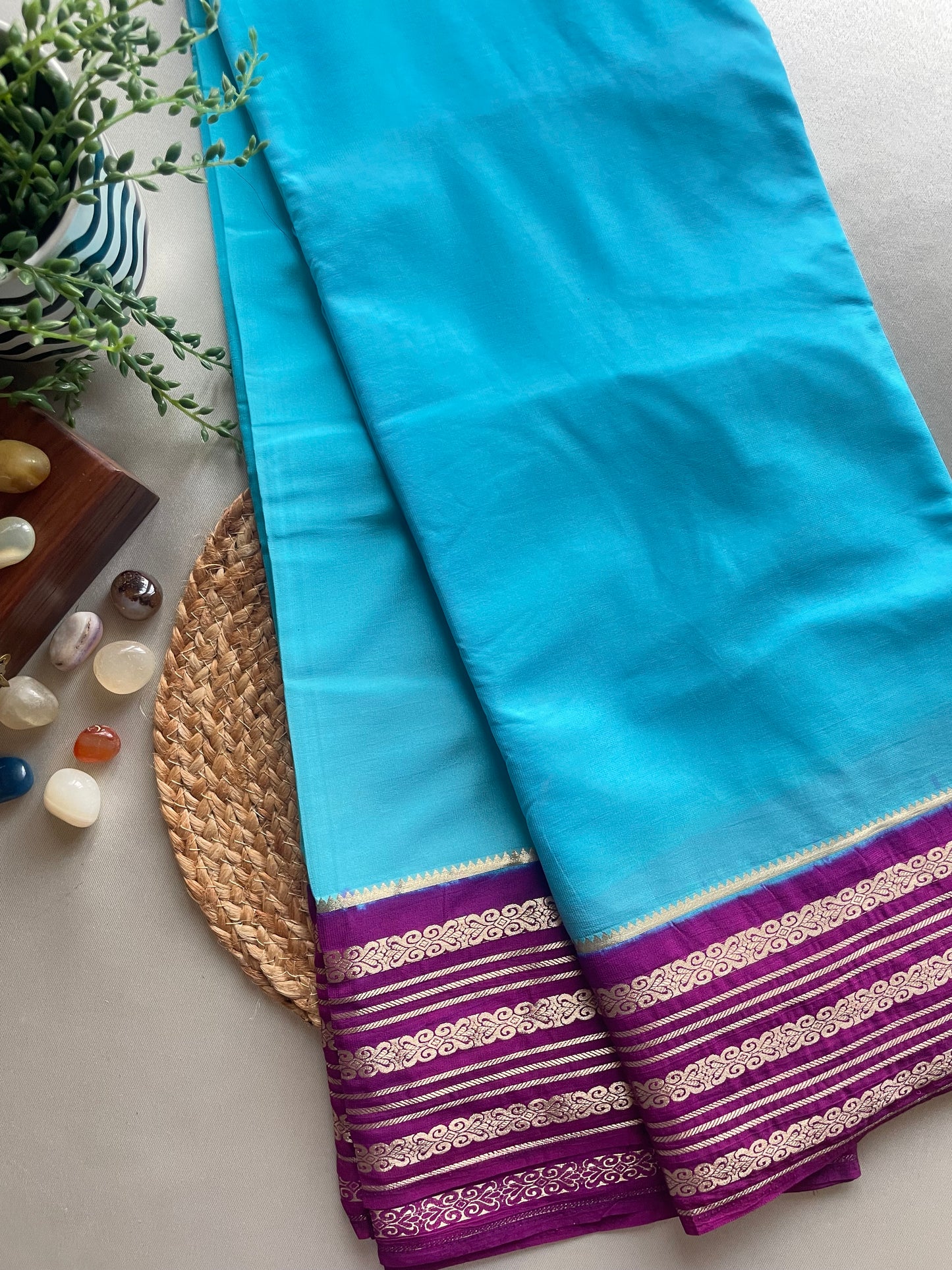 Blue and Wine Semi Mysore Silk Saree