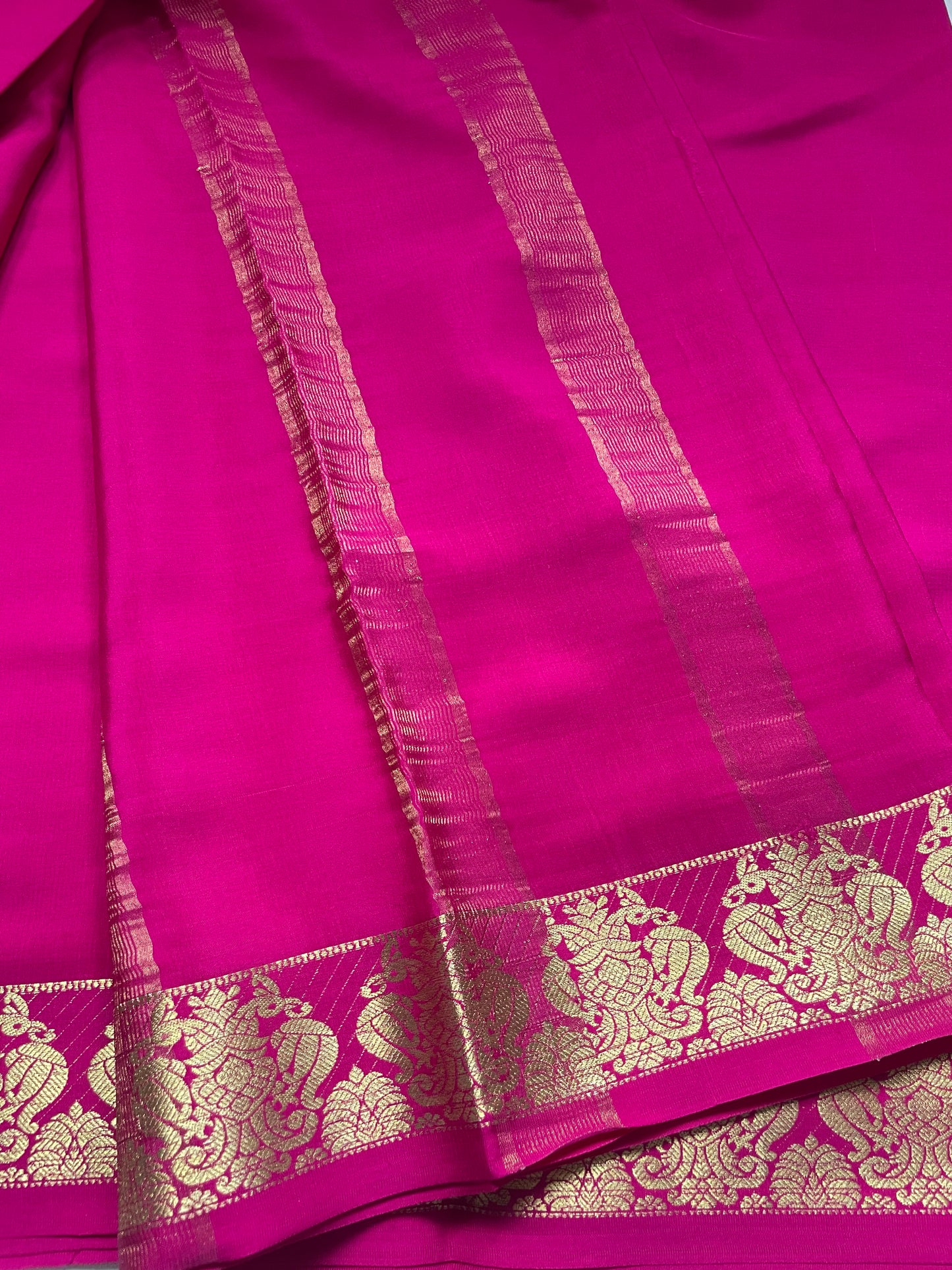 Pink GandaBerunda Pure Mysore Crepe Silk Saree