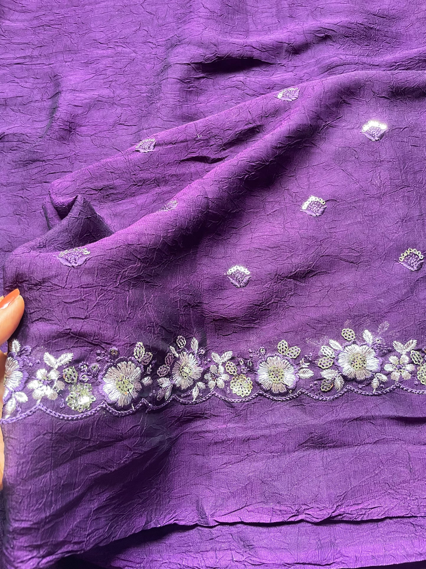 Purple Crushed Georgette Saree