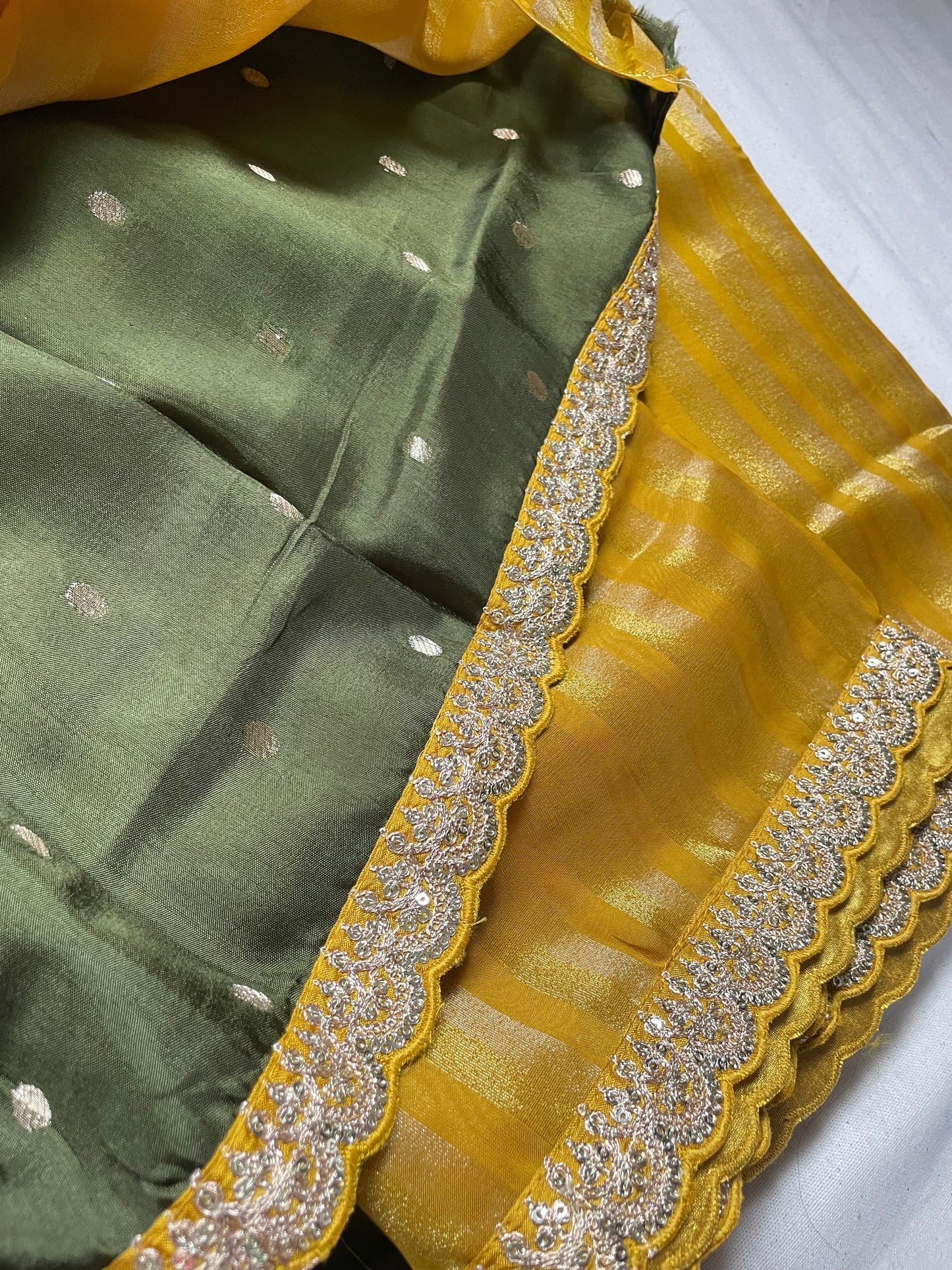 Yellow Stripe Lace border Tissue Saree