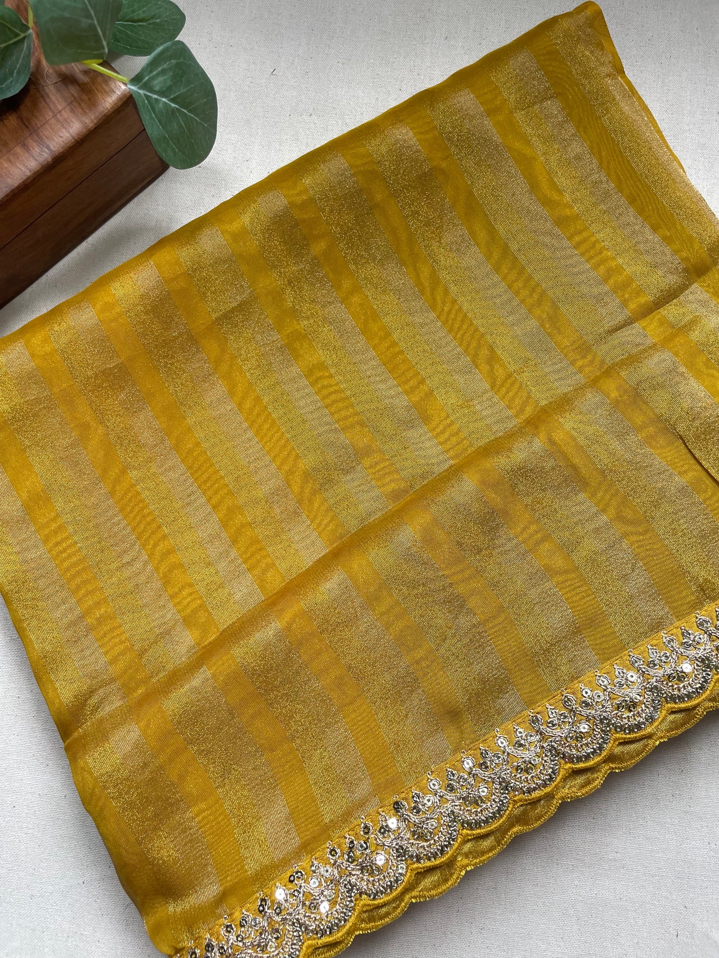 Yellow Stripe Lace border Tissue Saree