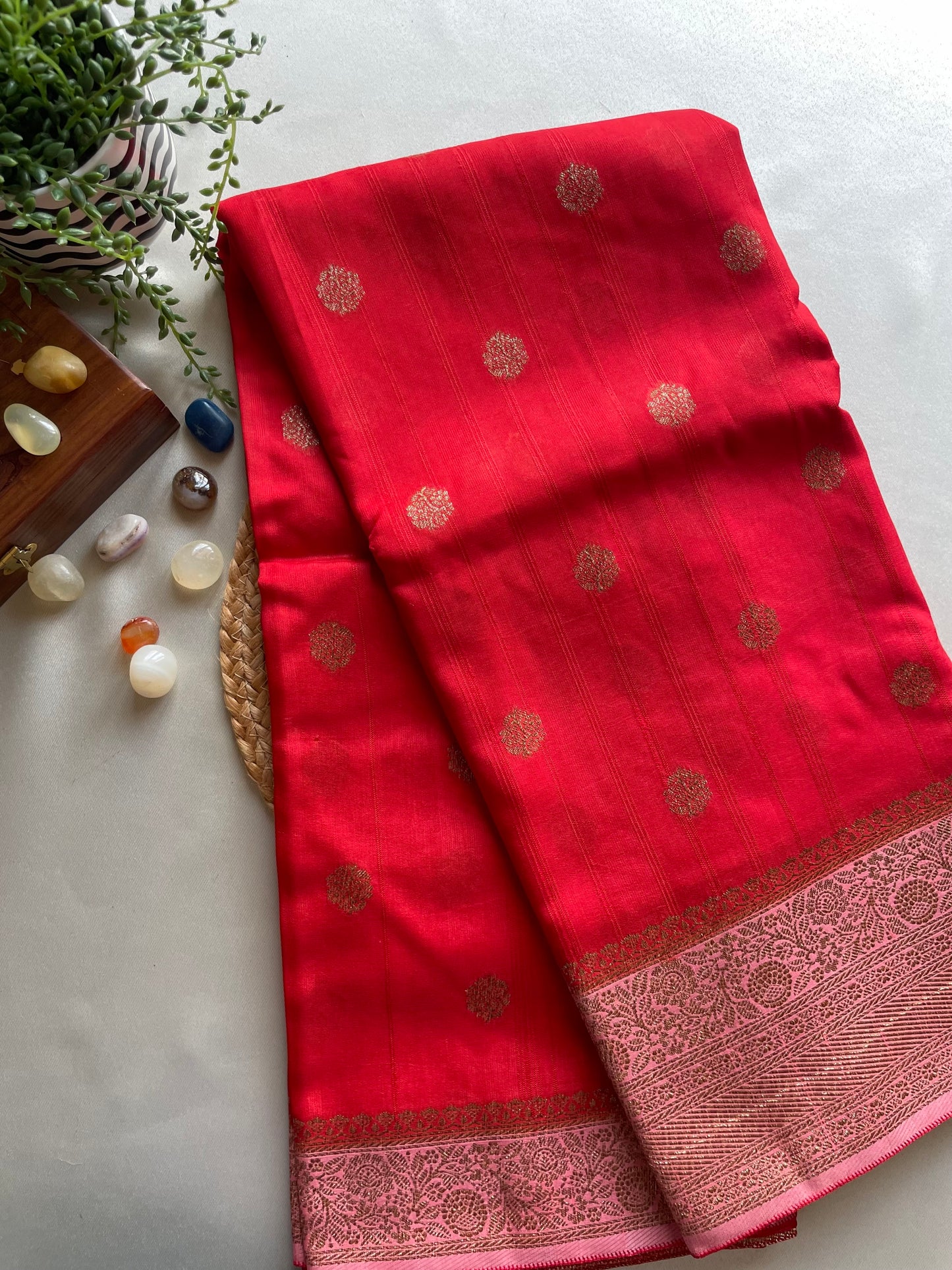 Red n Pink 02 Banarasi Tussar Saree