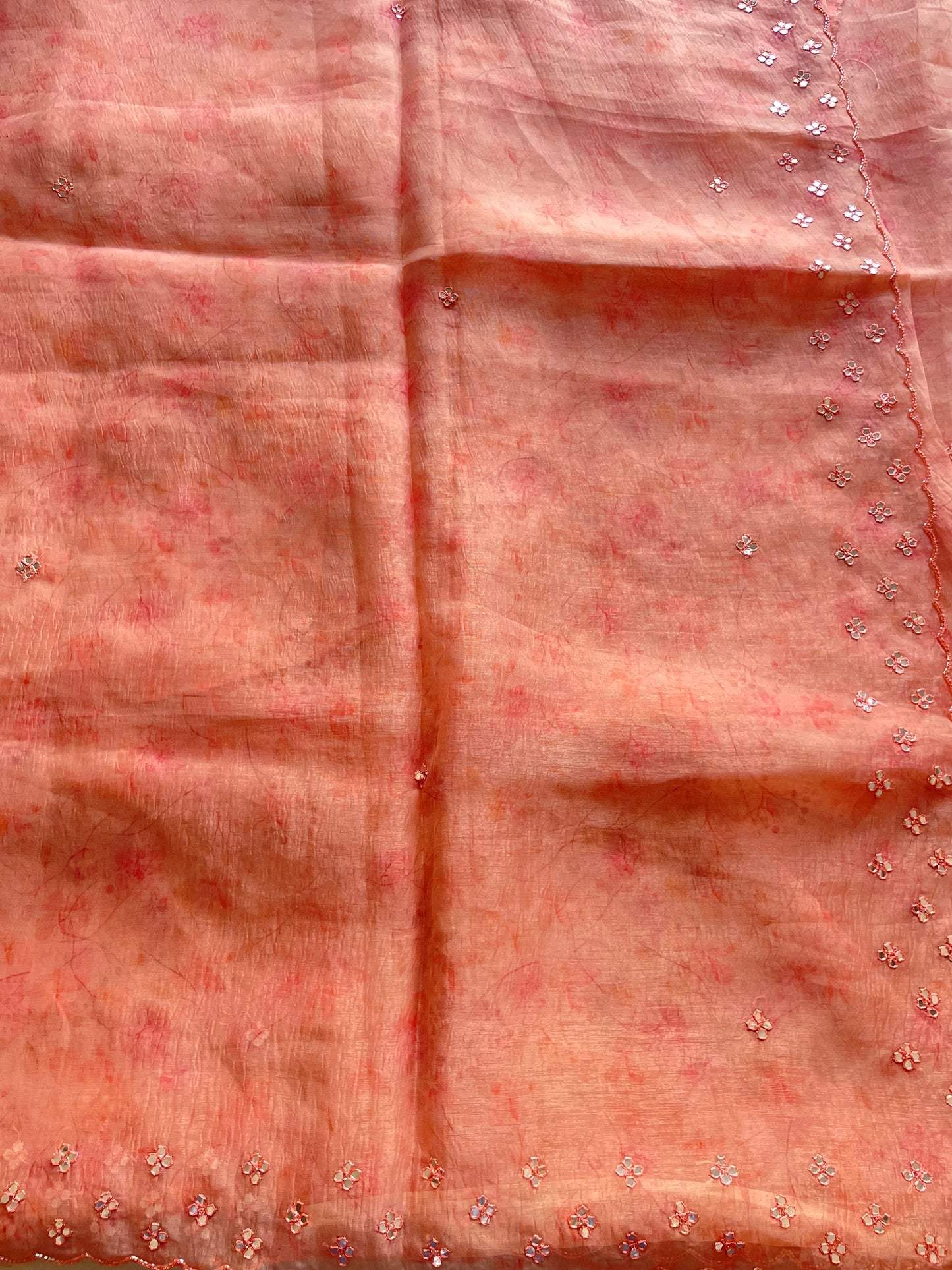 Peach Mirror Embroidered Soft Organza Saree