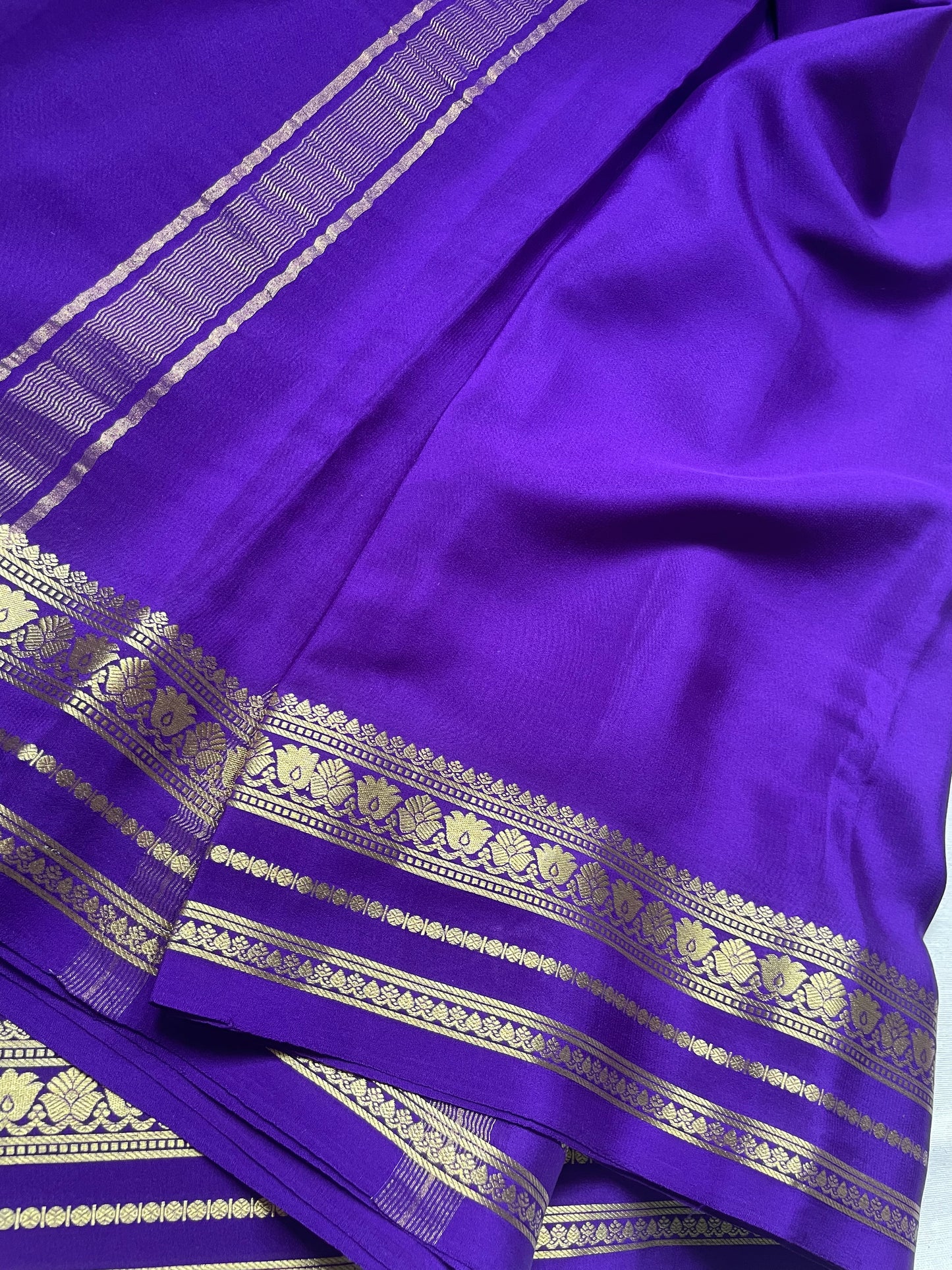 Purple Floral Border Pure Mysore Crepe Silk Saree