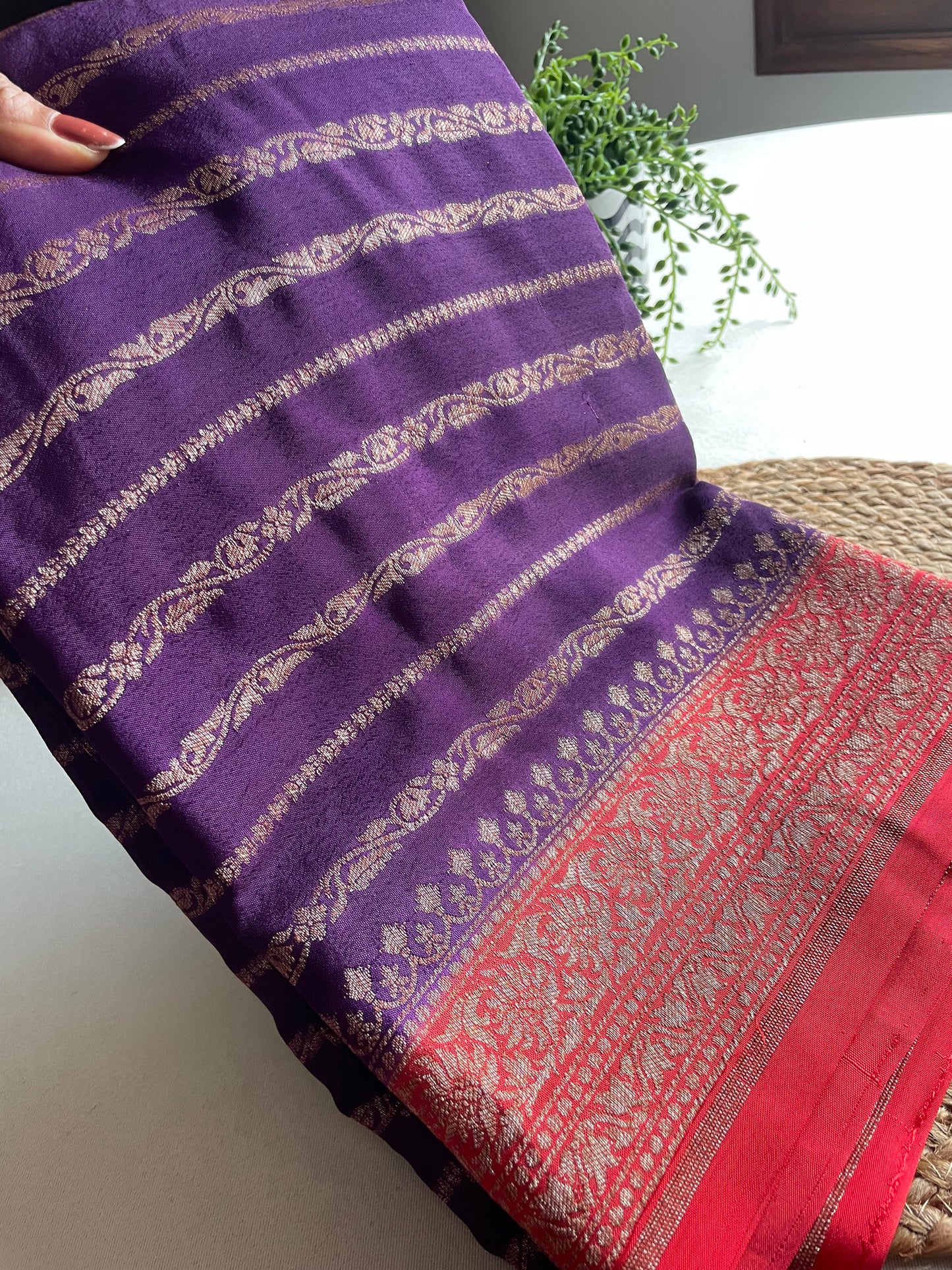 Purple n Red Stripes Banarasi Pure Crepe Georgette Saree