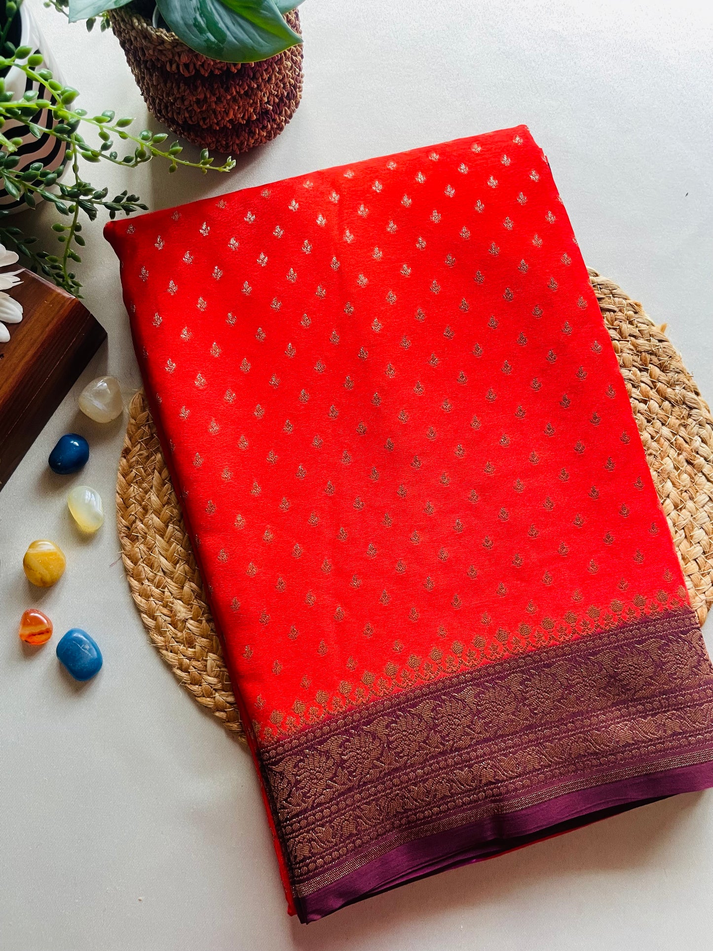 Orange n Wine Banarasi Pure Crepe Georgette Saree