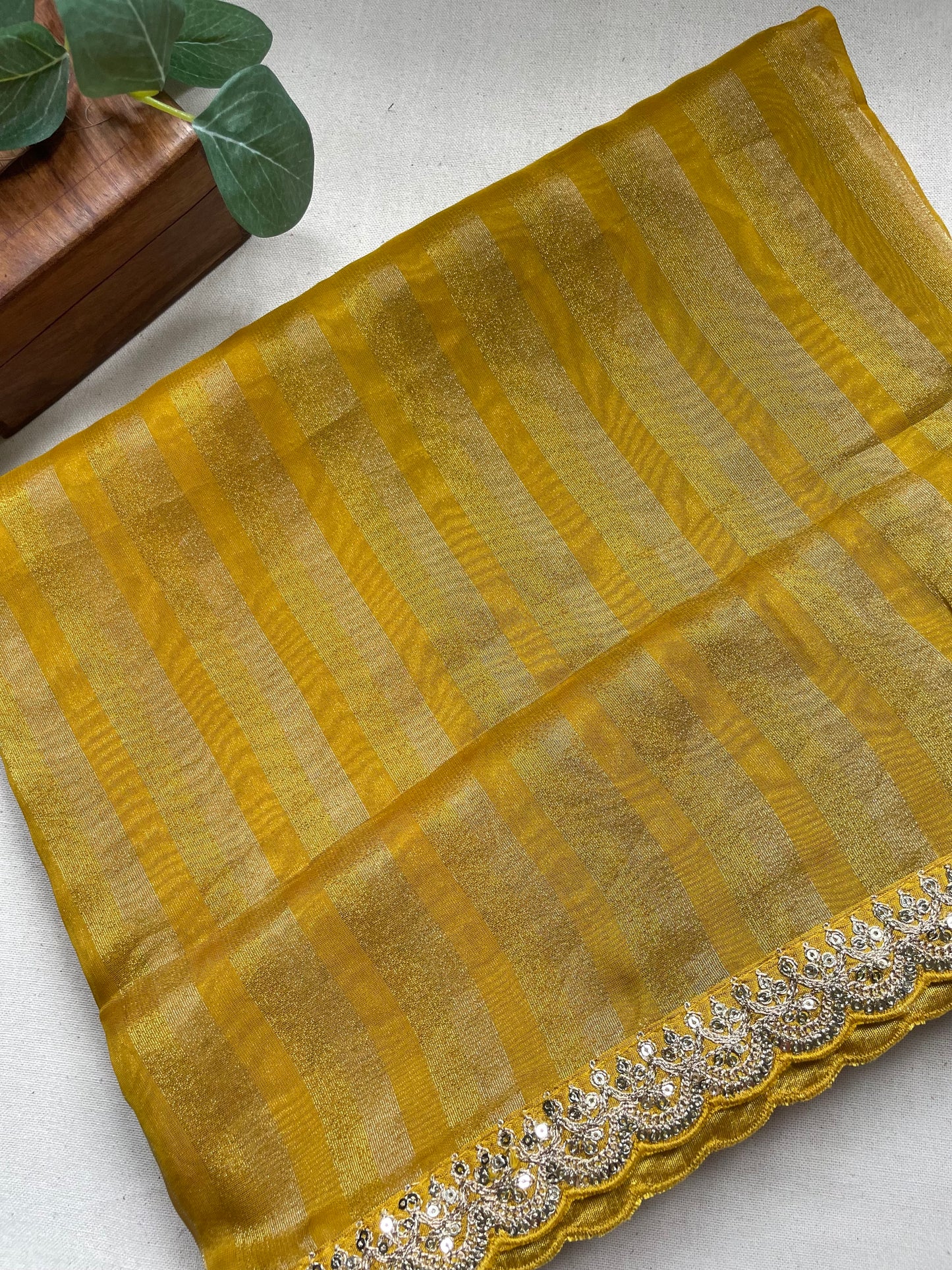 Yellow Stripe Lace border Tissue Saree