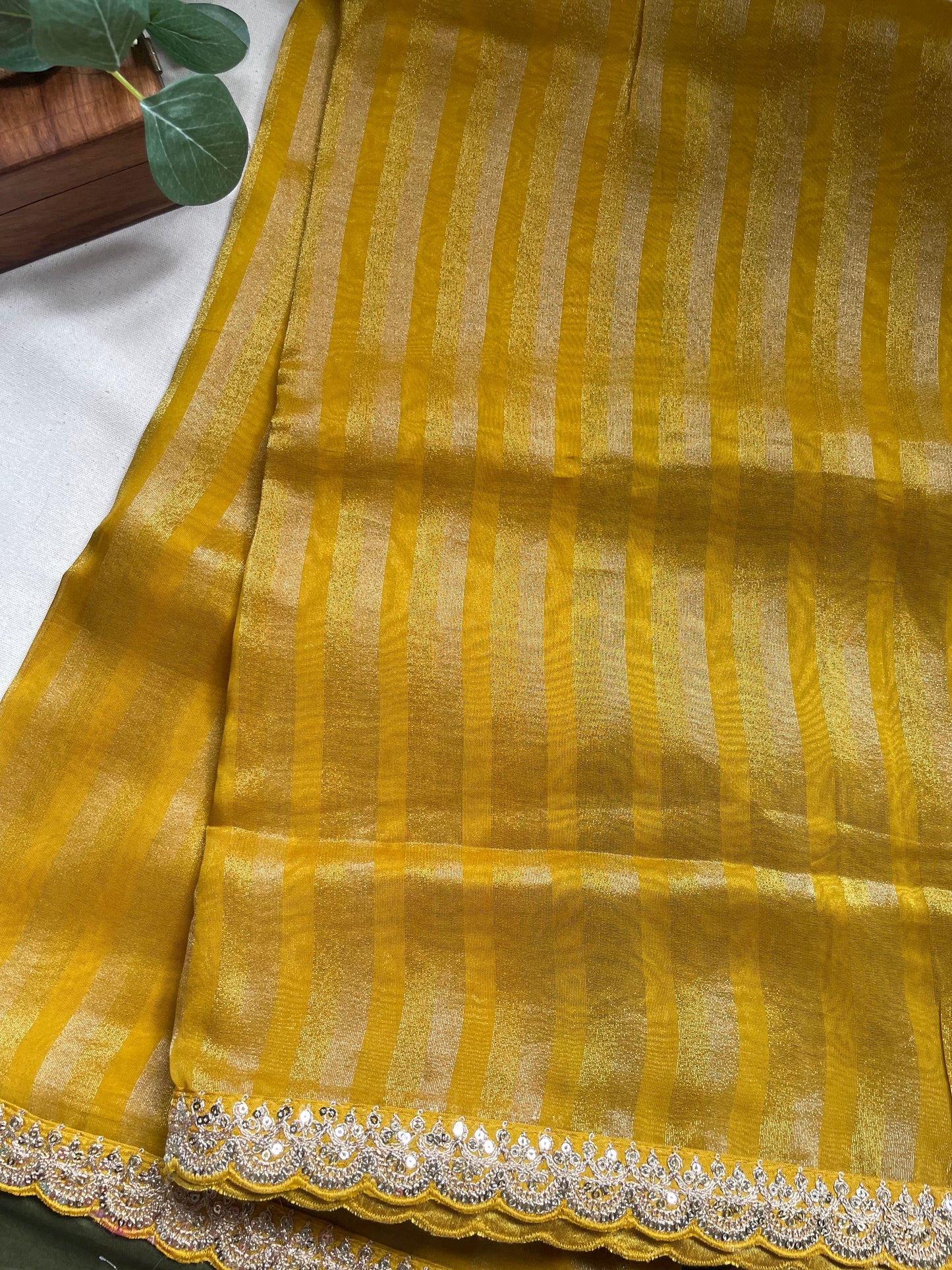 Yellow Stripe Lace border Tissue Saree
