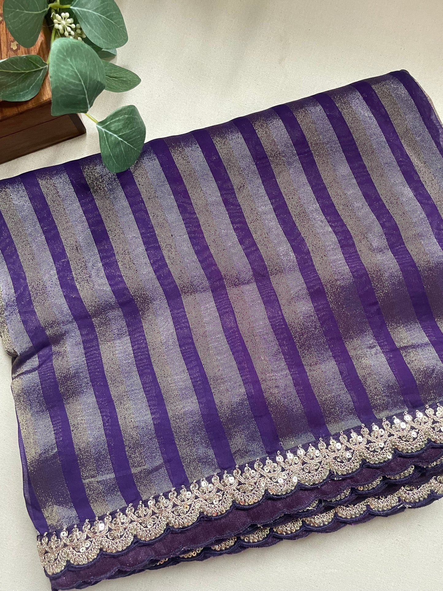 Purple Stripe Lace border Tissue Saree