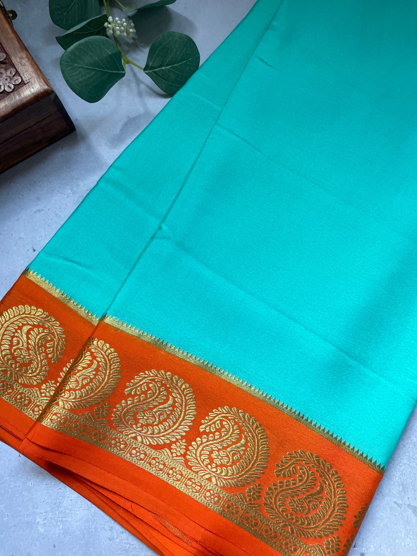 Sea Green N Orange Big Mango Pure Mysore Crepe Silk Saree
