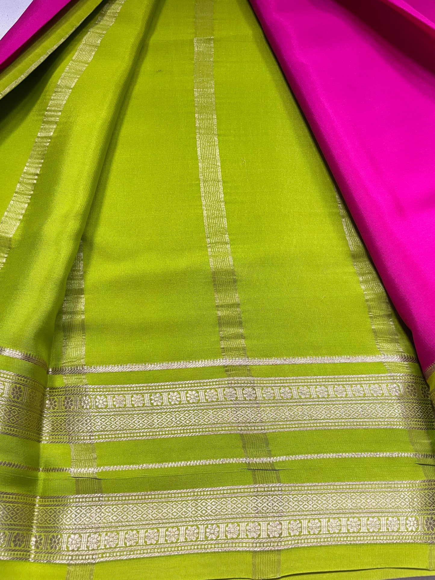 Pink N Green Bentex Pure Mysore Crepe Silk Saree