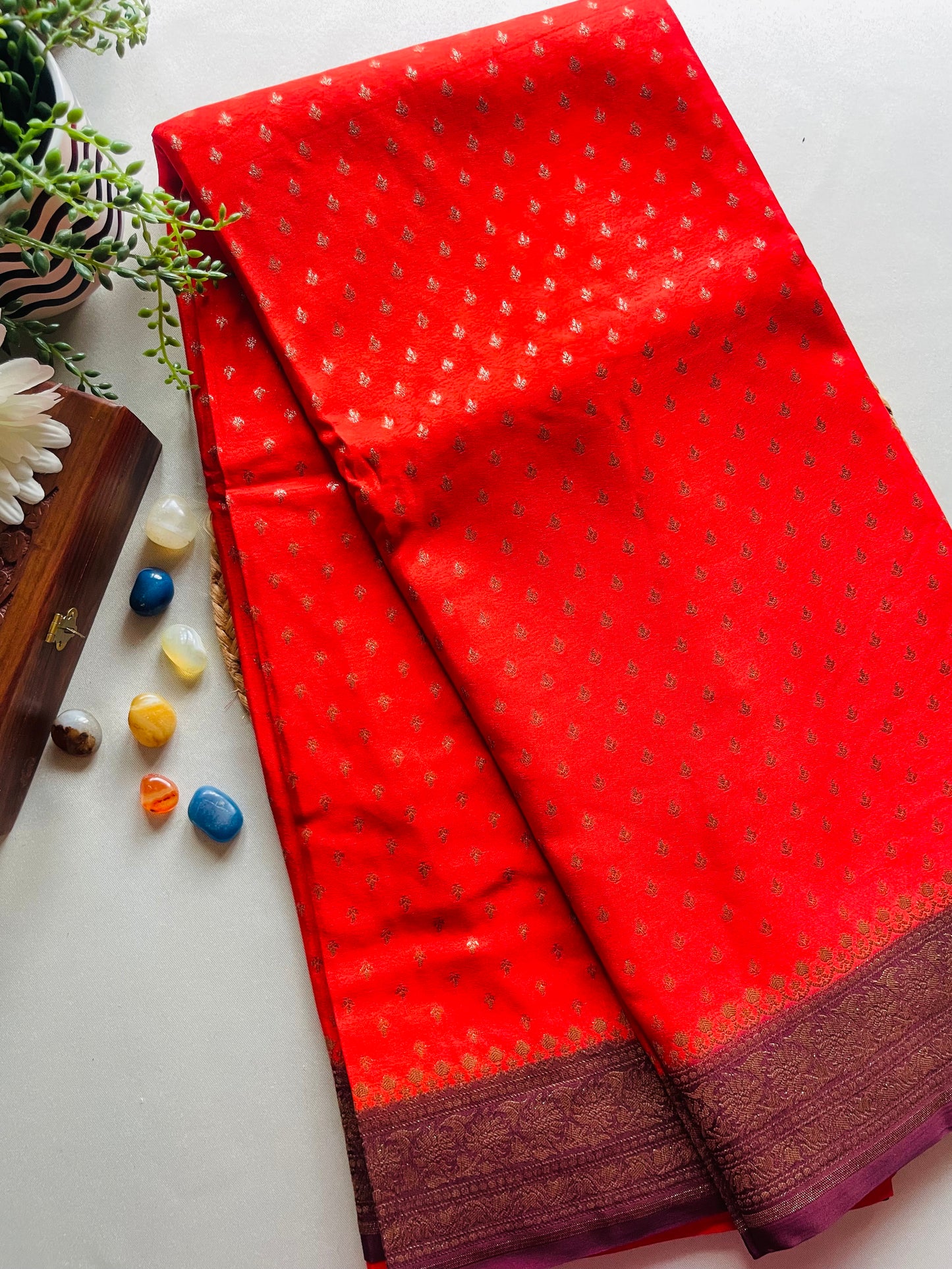 Orange n Wine Banarasi Pure Crepe Georgette Saree
