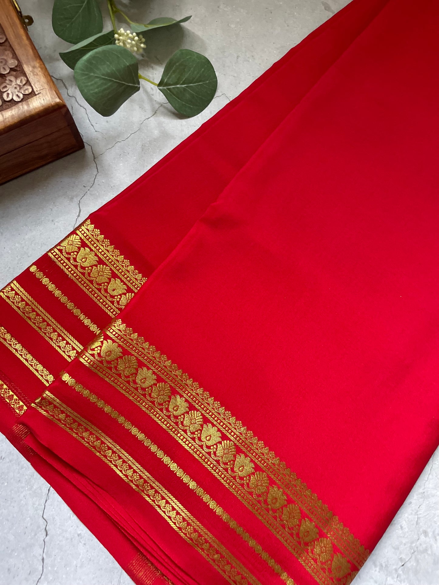 Red Floral Border Pure Mysore Crepe Silk Saree