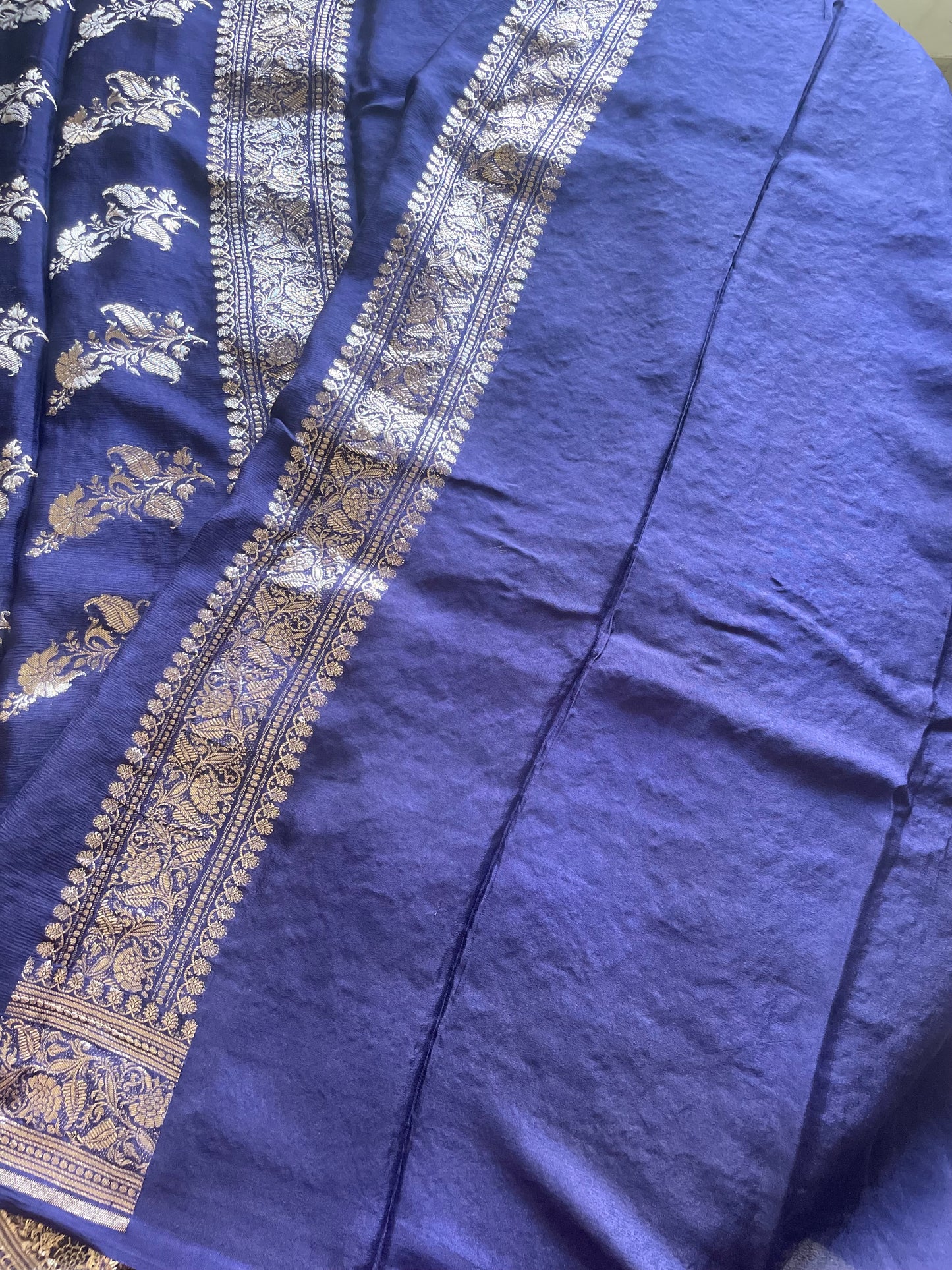 Navy Blue Banarai Pure Crepe Silk Saree