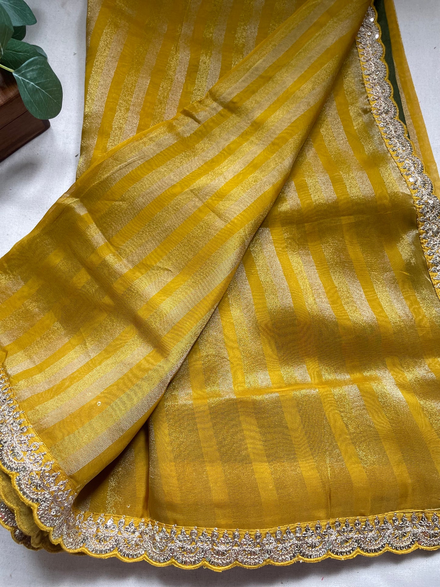 Yellow Stripe Lace border Tissue Saree