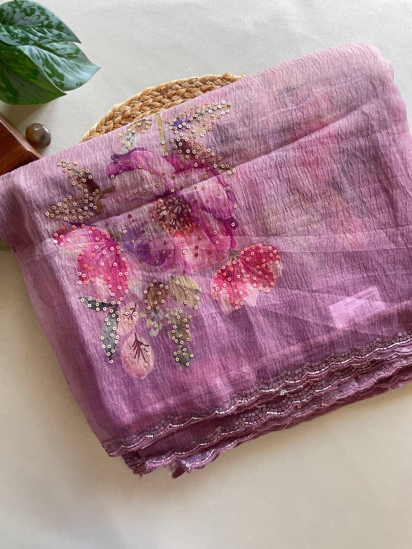 Purple Scallop Embroidered Crushed Tissue Saree