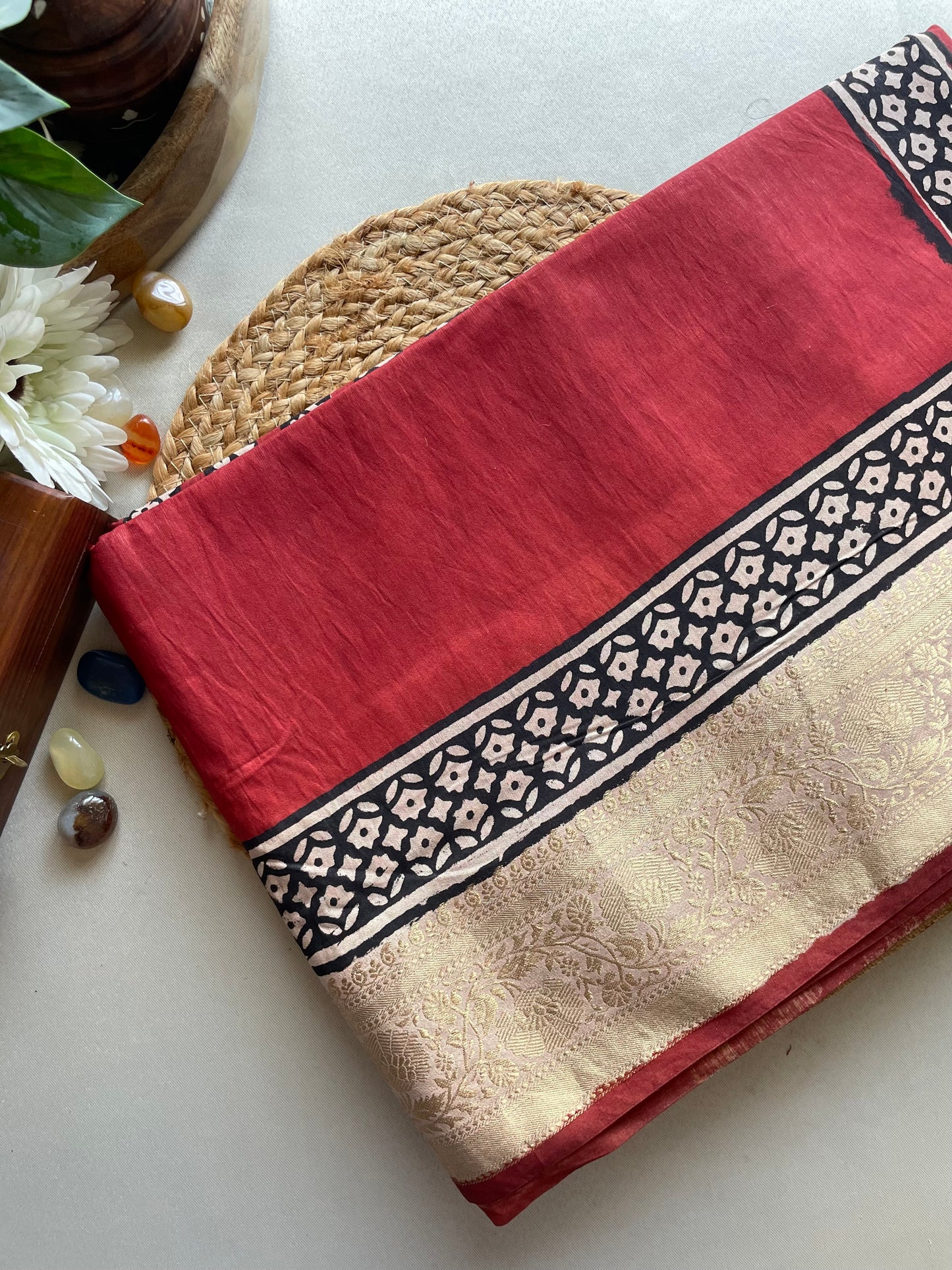Ajrakh 02 HandBlock Maheshwari Silk Cotton Saree